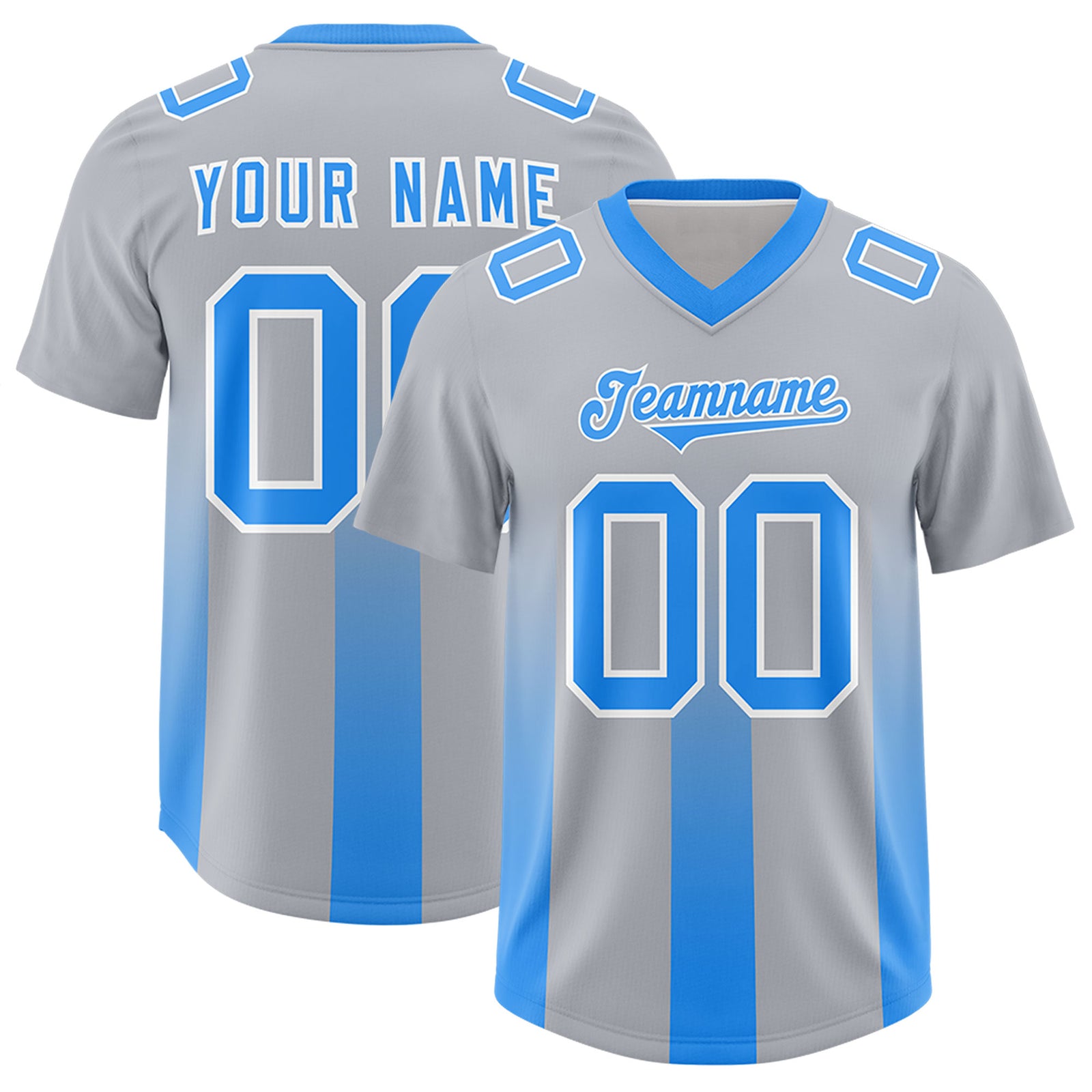 Custom Gray Light Blue Vertical Width Stripe Gradient Fashion Personalized Team Football Jersey