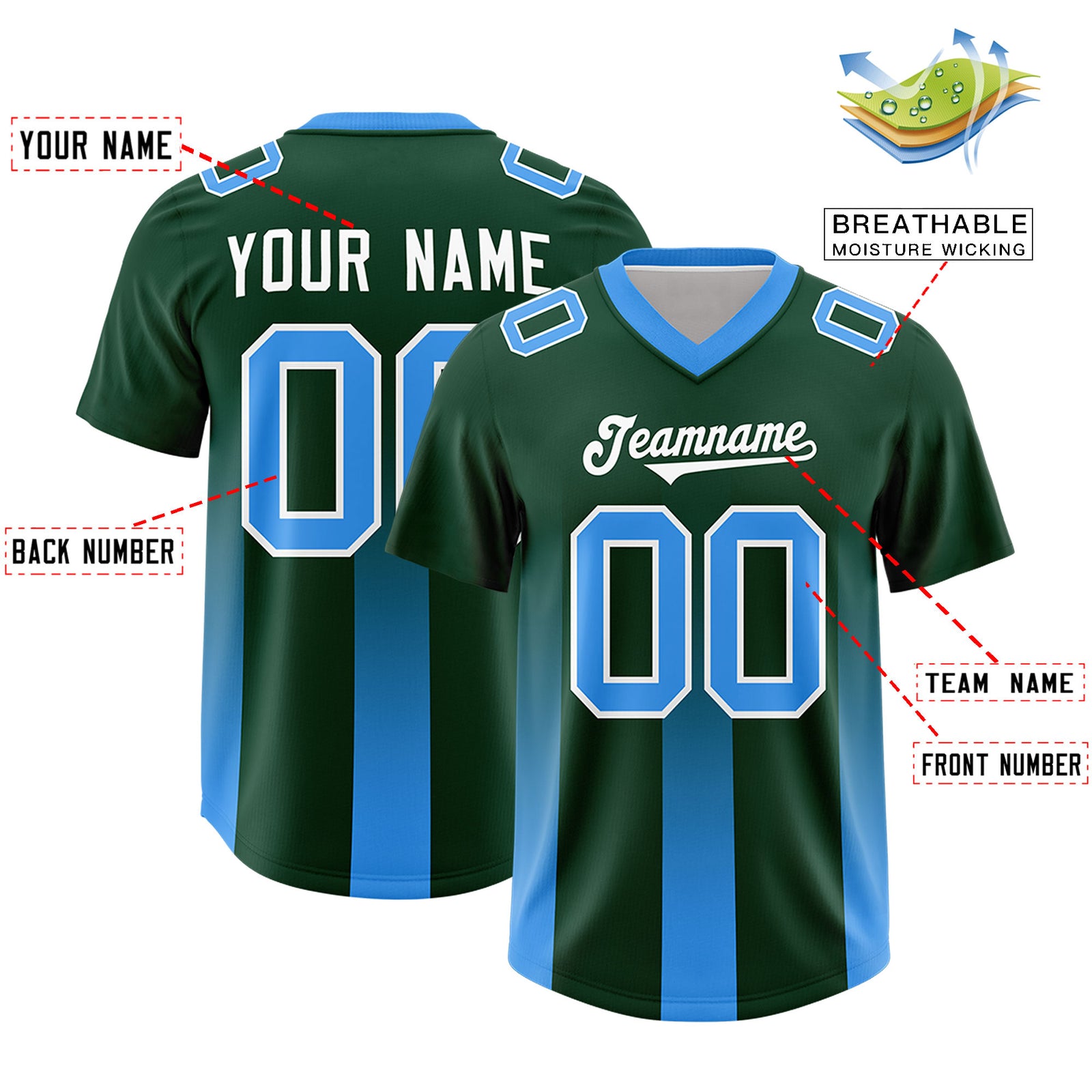 Custom Green Light Blue Vertical Width Stripe Gradient Fashion Personalized Team Football Jersey