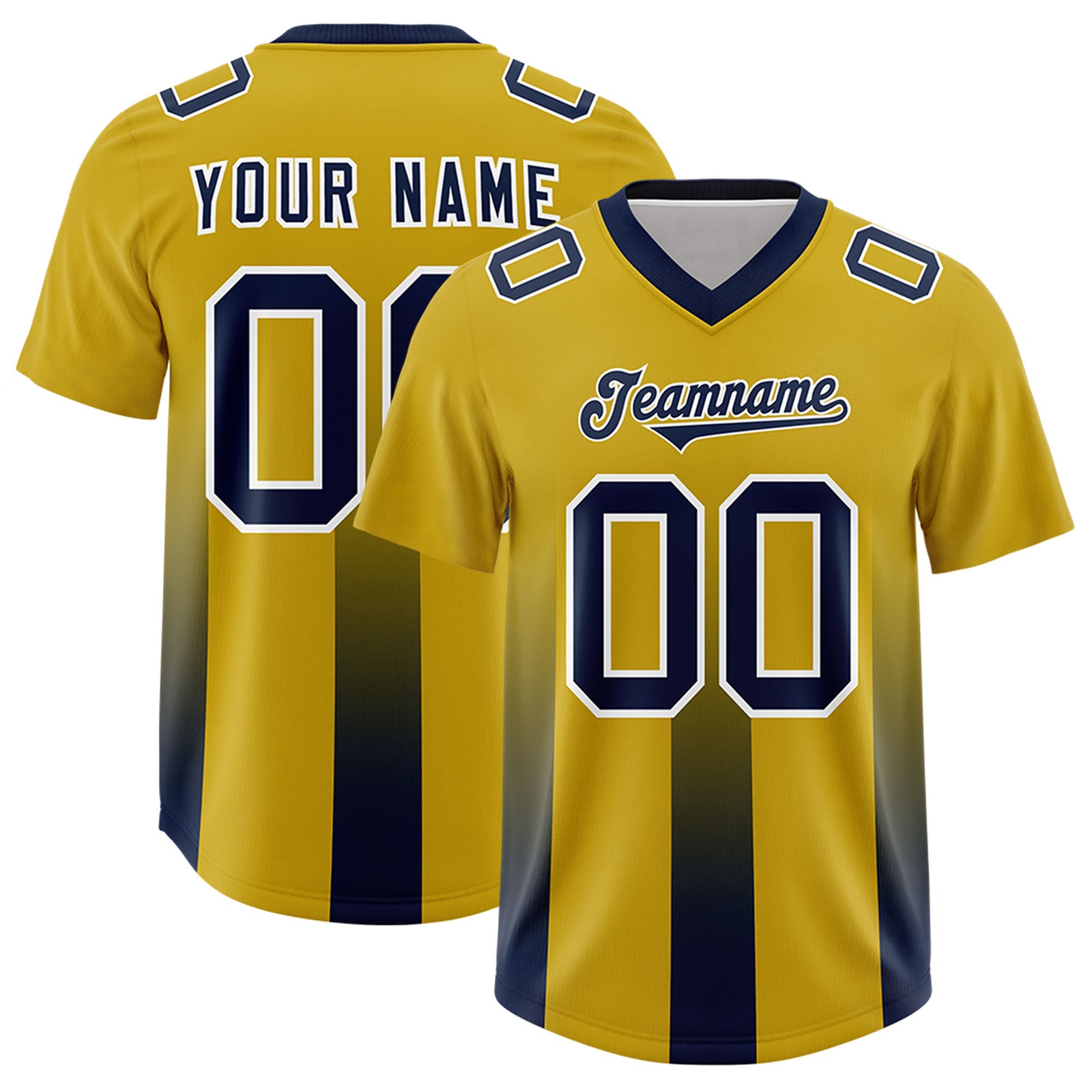 Custom Old Gold Navy Vertical Width Stripe Gradient Fashion Personalized Team Football Jersey