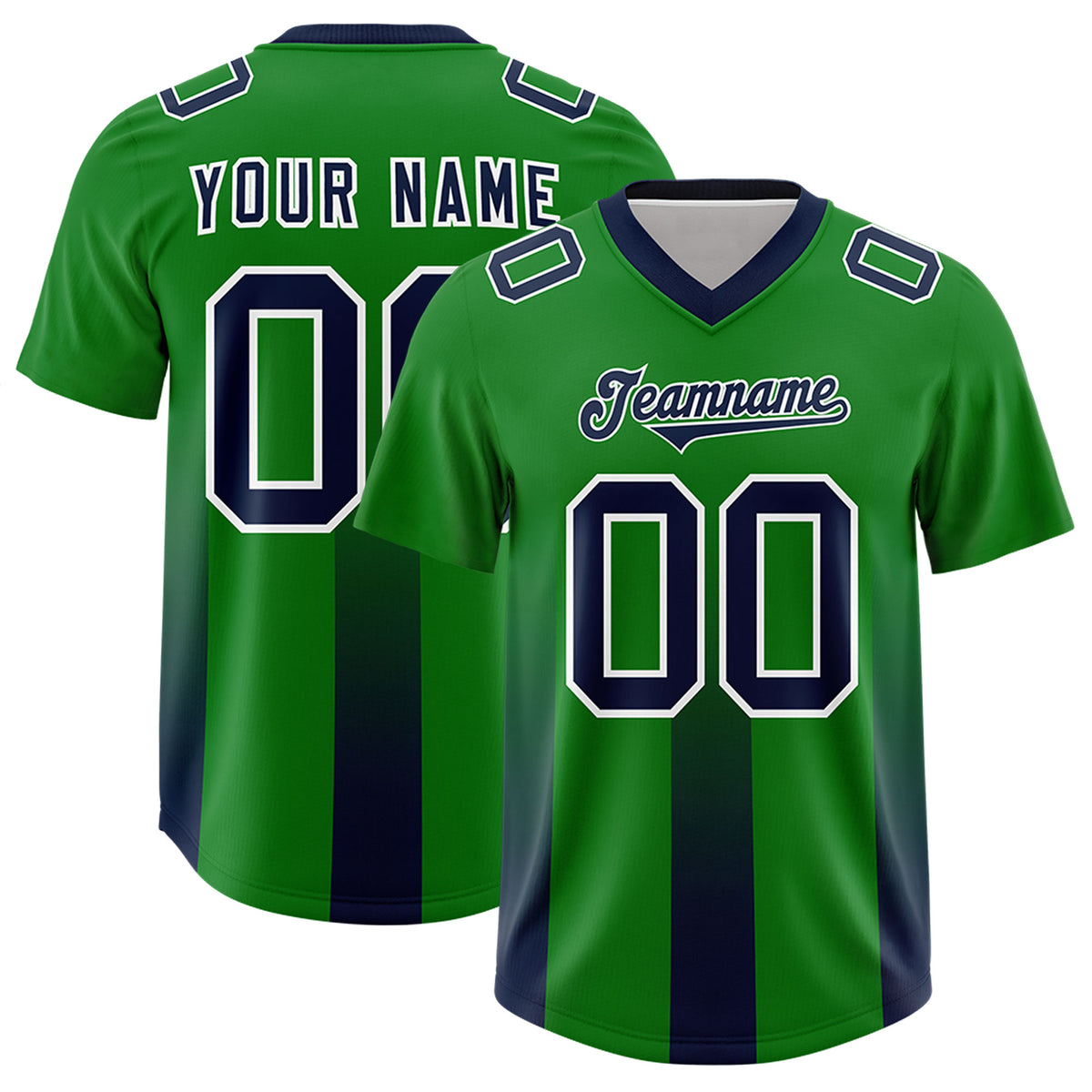 Custom Kelly Green Navy Vertical Width Stripe Gradient Fashion Personalized Team Football Jersey