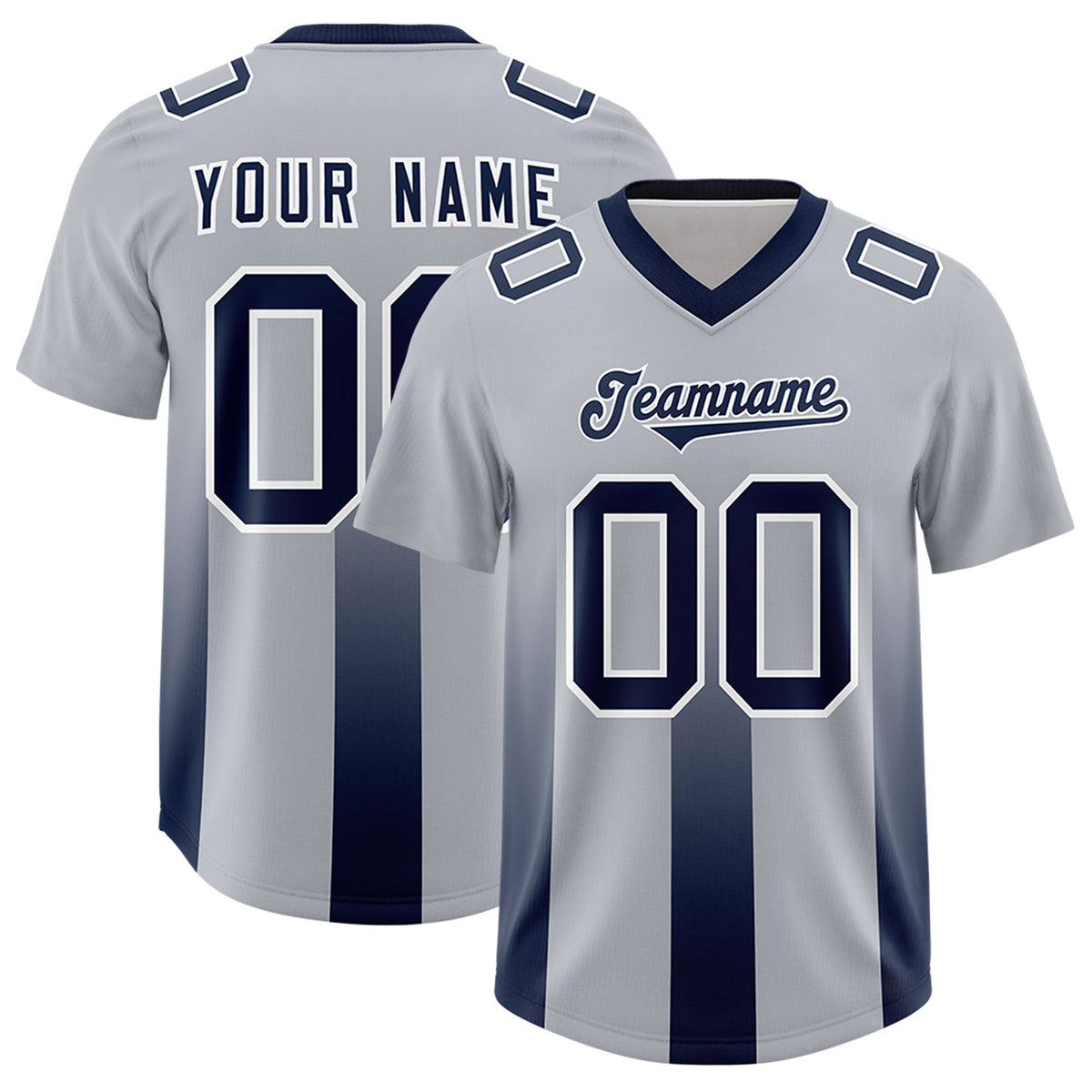 Custom Gray Navy Vertical Width Stripe Gradient Fashion Personalized Team Football Jersey