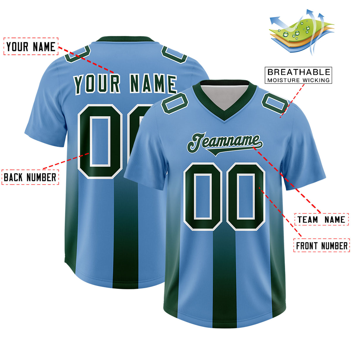 Custom Powder Blue Green Vertical Width Stripe Gradient Fashion Personalized Team Football Jersey