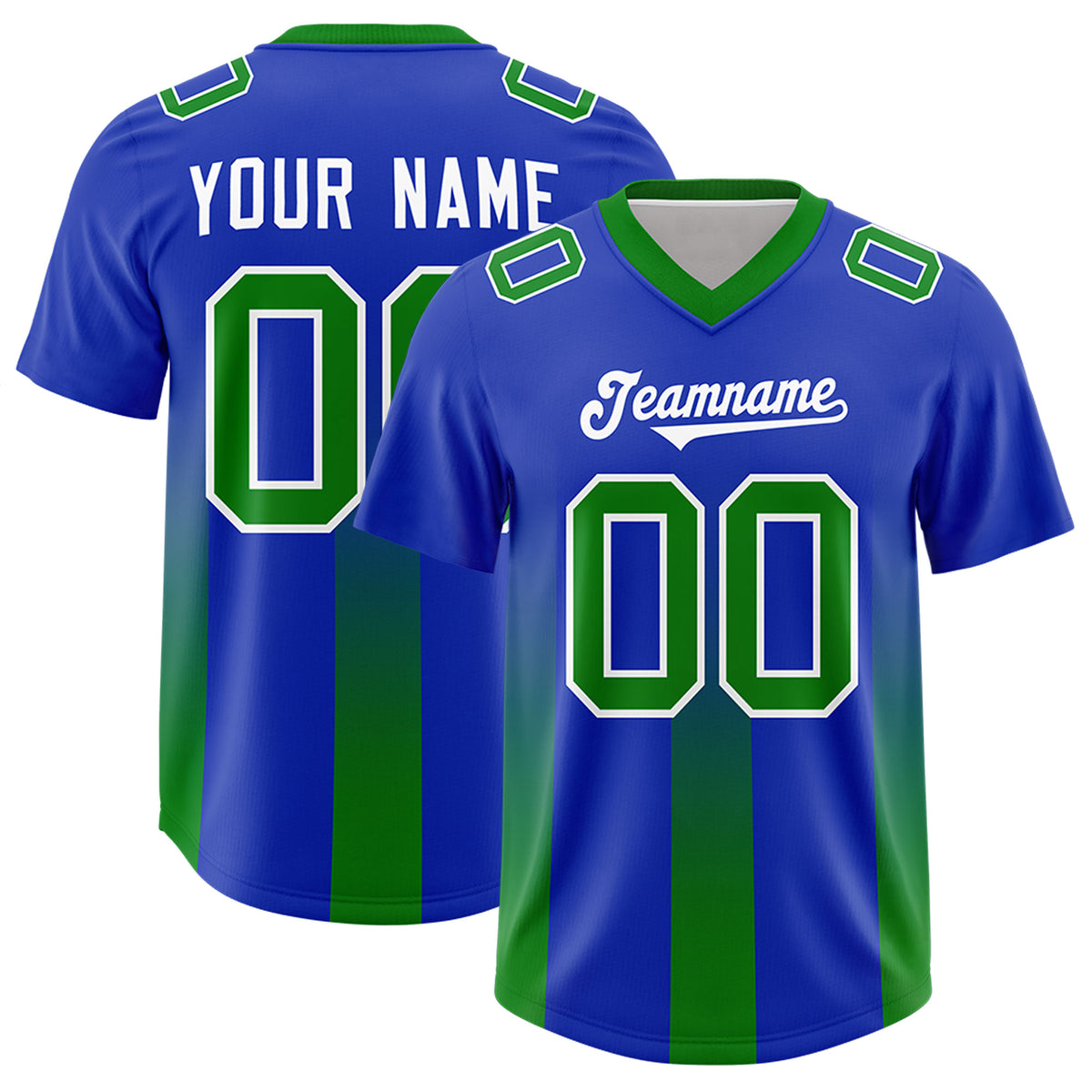 Custom Royal Kelly Green Vertical Width Stripe Gradient Fashion Personalized Team Football Jersey