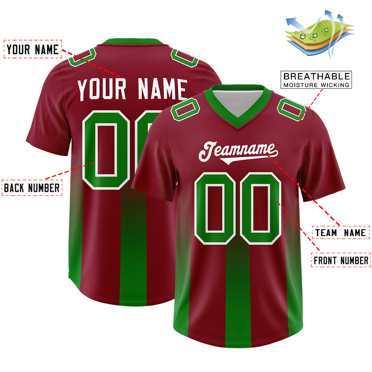 Custom Cardinal Kelly Green Vertical Width Stripe Gradient Fashion Personalized Team Football Jersey