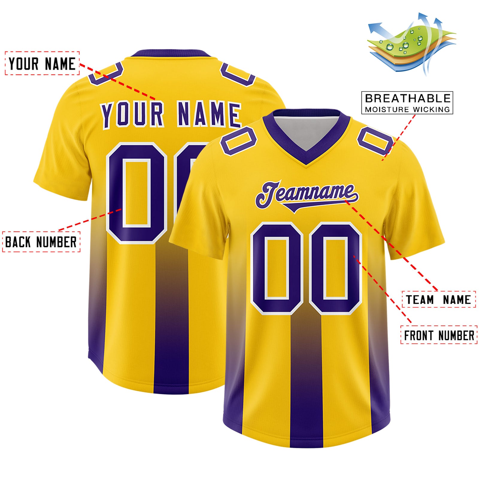 Custom Yellow Purple Vertical Width Stripe Gradient Fashion Personalized Team Football Jersey