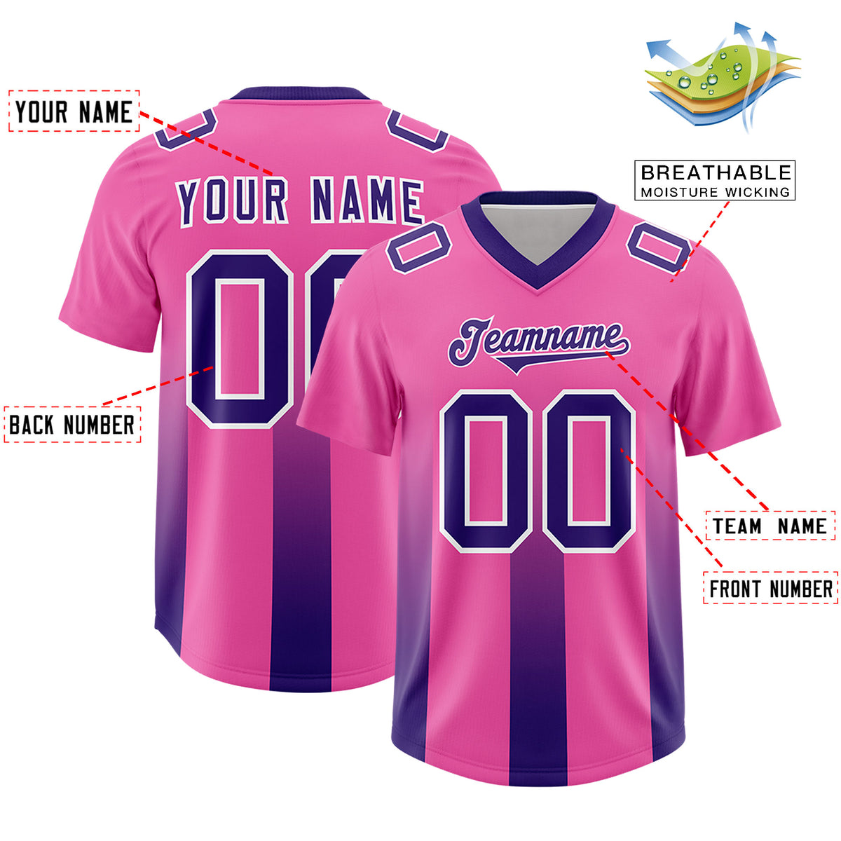 Custom Pink Purple Vertical Width Stripe Gradient Fashion Personalized Team Football Jersey