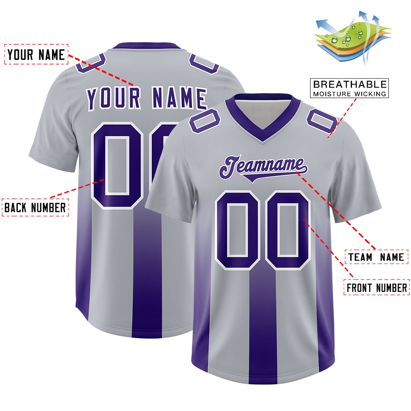 Custom Gray Purple Vertical Width Stripe Gradient Fashion Personalized Team Football Jersey