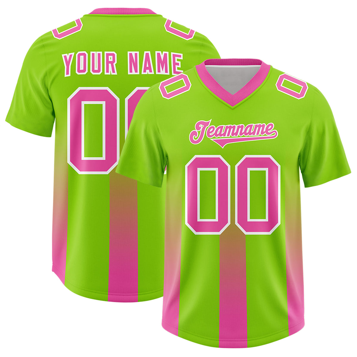 Custom Neon Green Pink Vertical Width Stripe Gradient Fashion Personalized Team Football Jersey