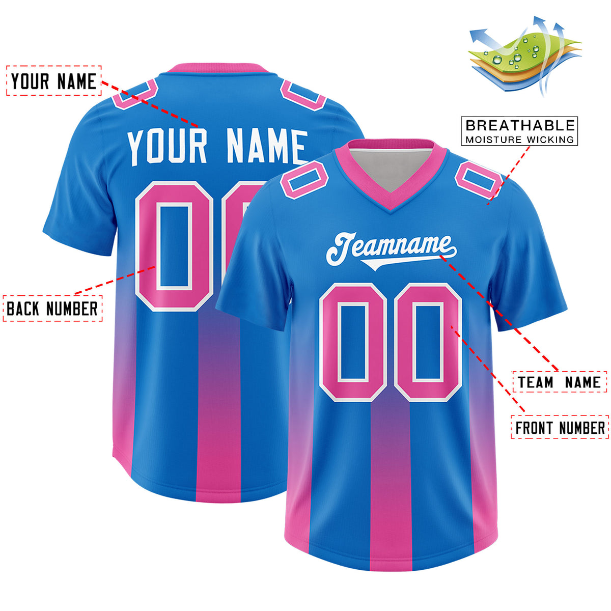 Custom Royal Pink Vertical Width Stripe Gradient Fashion Personalized Team Football Jersey