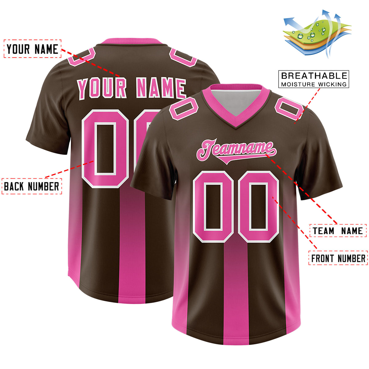 Custom Brown Pink Vertical Width Stripe Gradient Fashion Personalized Team Football Jersey