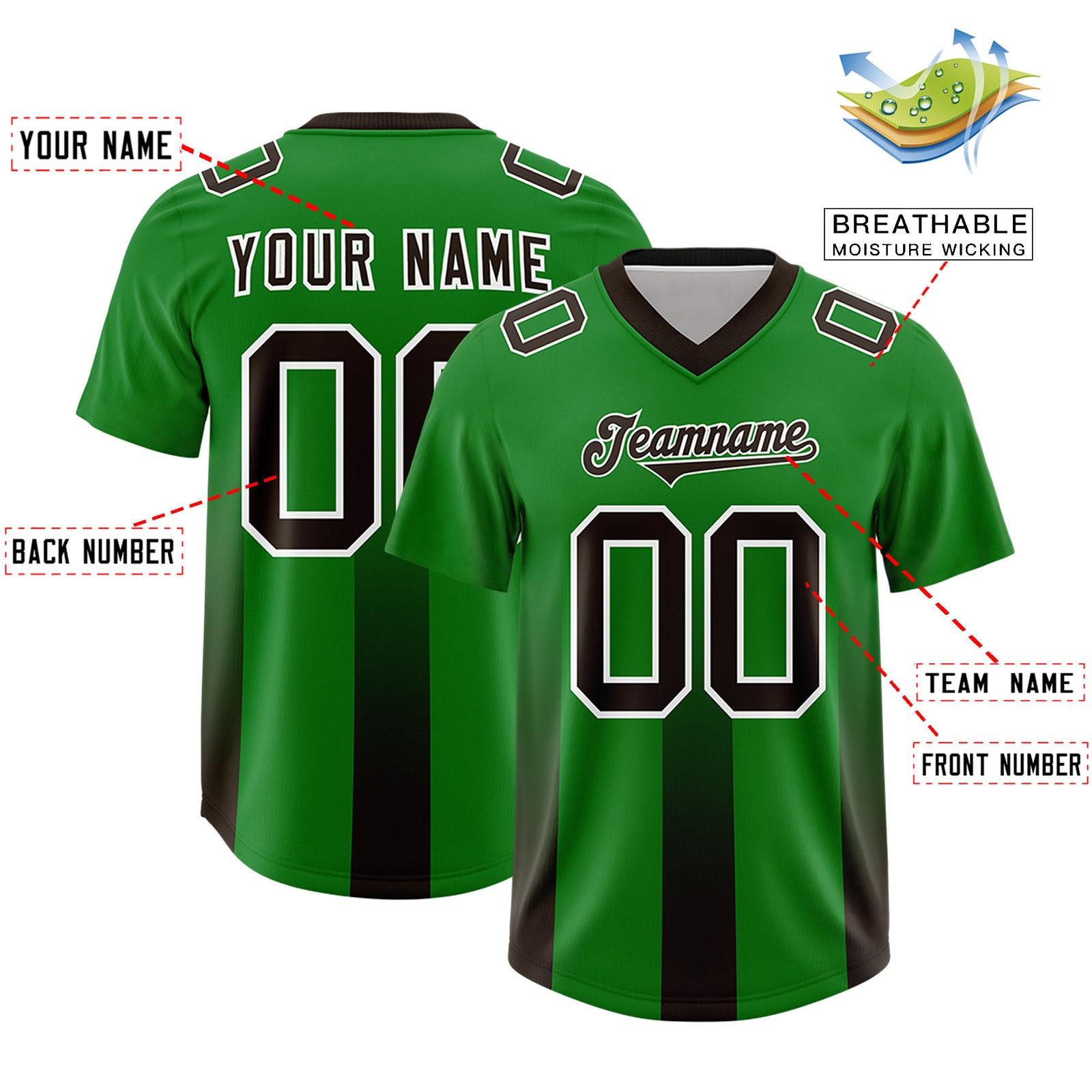 Custom Kelly Green Brown Vertical Width Stripe Gradient Fashion Personalized Team Football Jersey