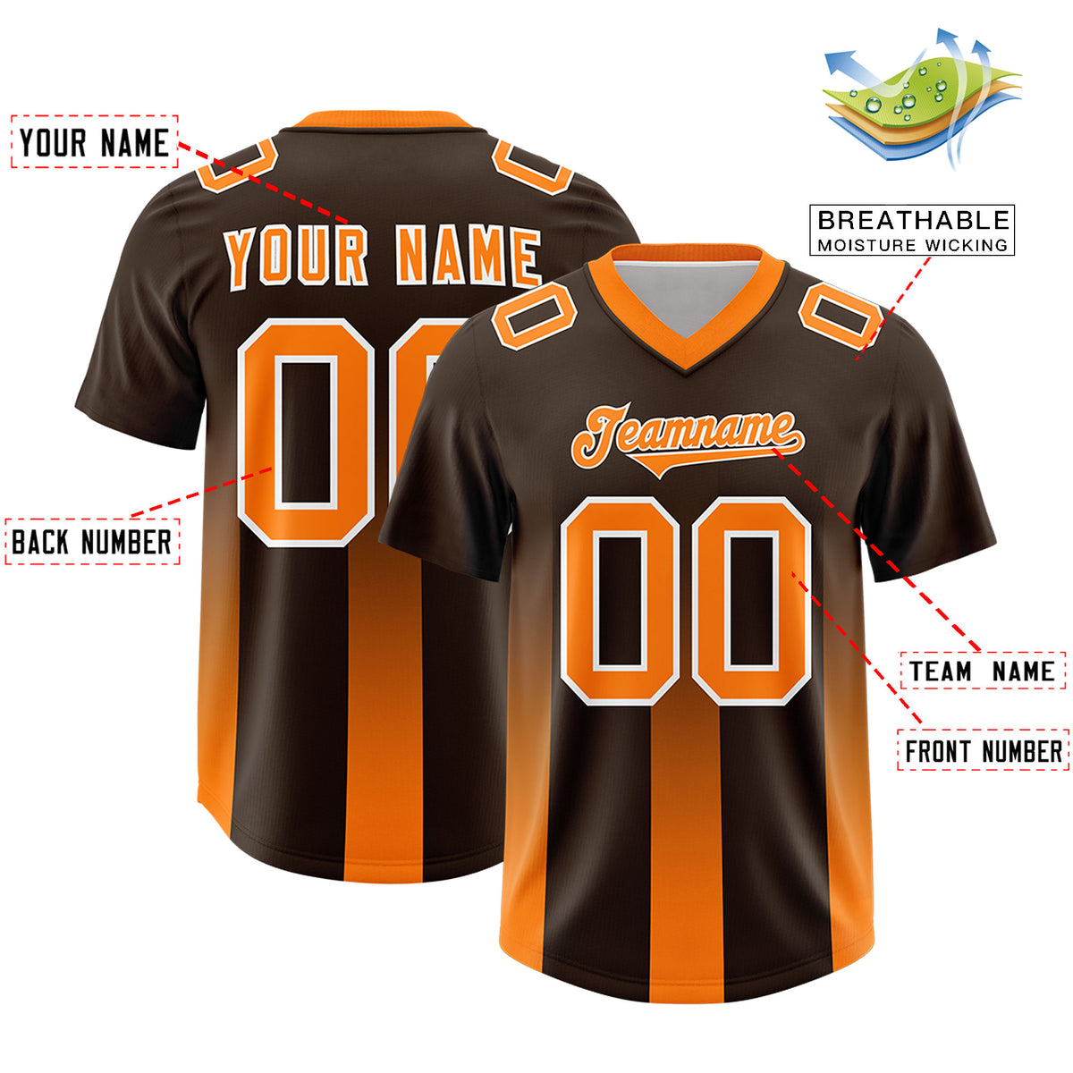 Custom Brown Orange Vertical Width Stripe Gradient Fashion Personalized Team Football Jersey