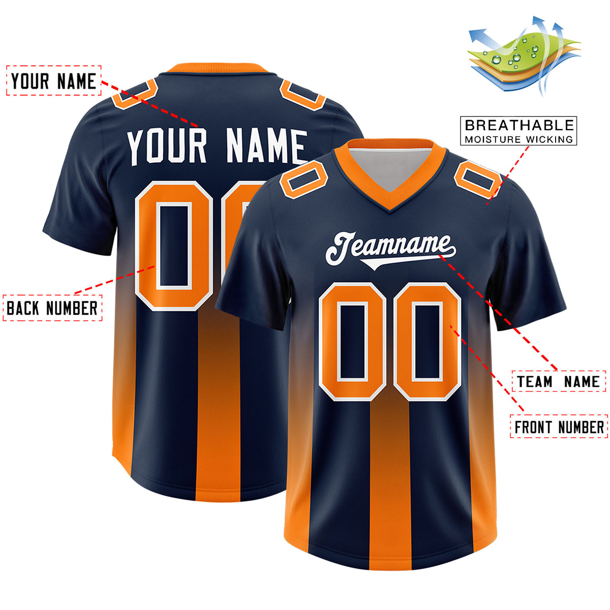 Custom Navy Orange Vertical Width Stripe Gradient Fashion Personalized Team Football Jersey