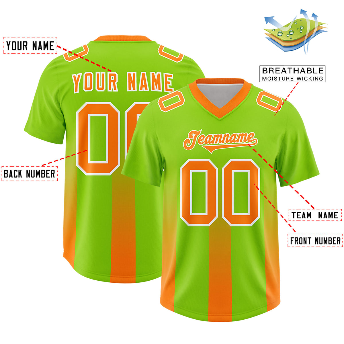 Custom Neon Green Orange Vertical Width Stripe Gradient Fashion Personalized Team Football Jersey