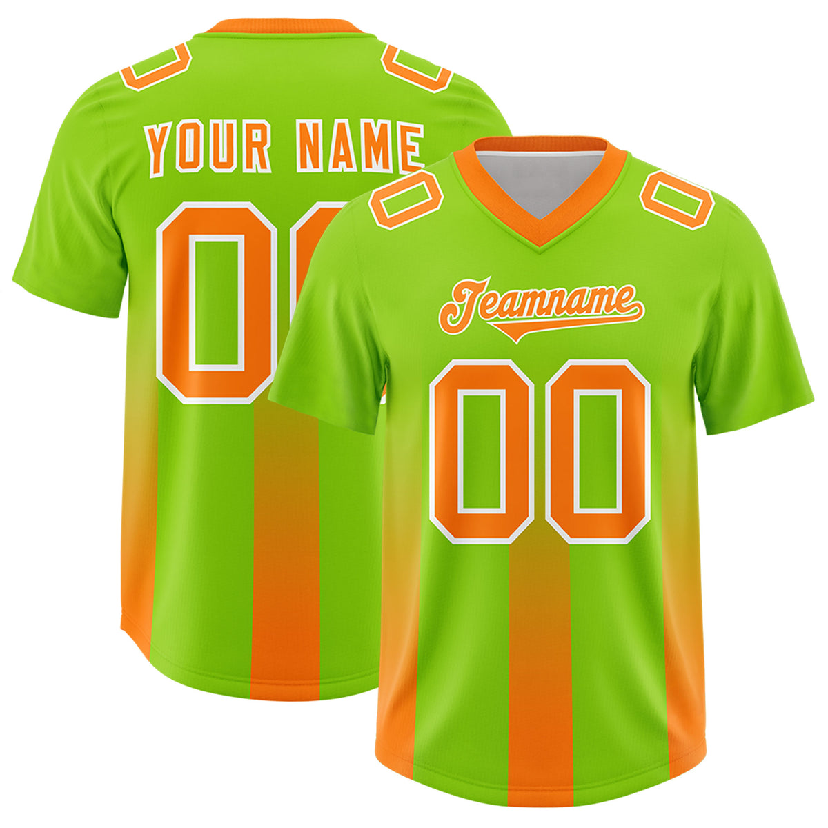 Custom Neon Green Orange Vertical Width Stripe Gradient Fashion Personalized Team Football Jersey