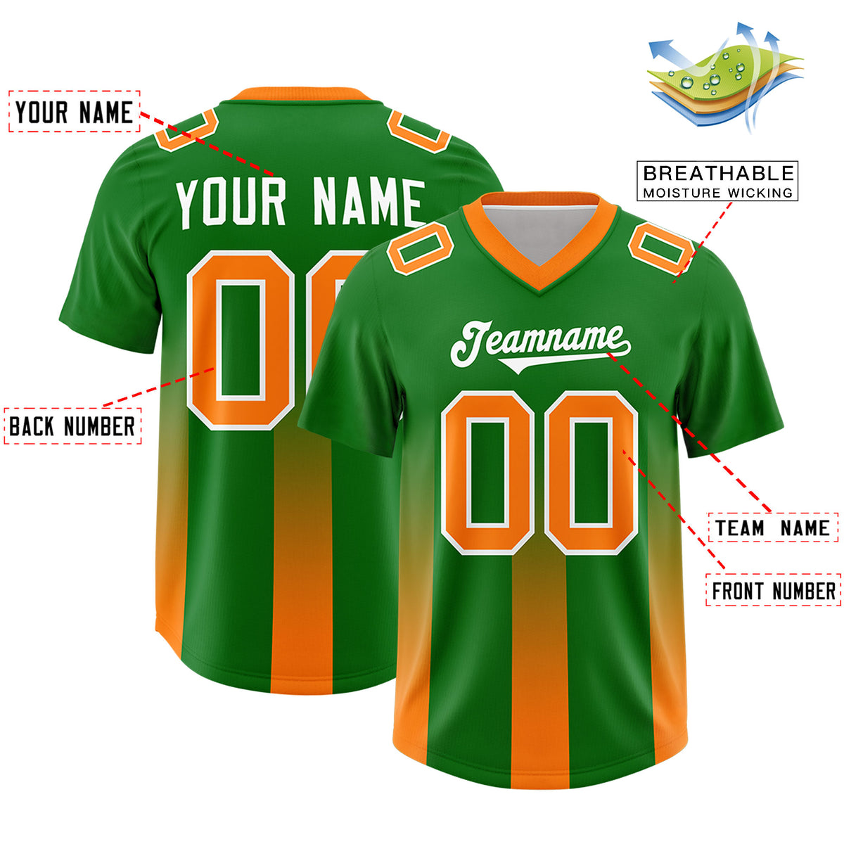 Custom Kelly Green Orange Vertical Width Stripe Gradient Fashion Personalized Team Football Jersey