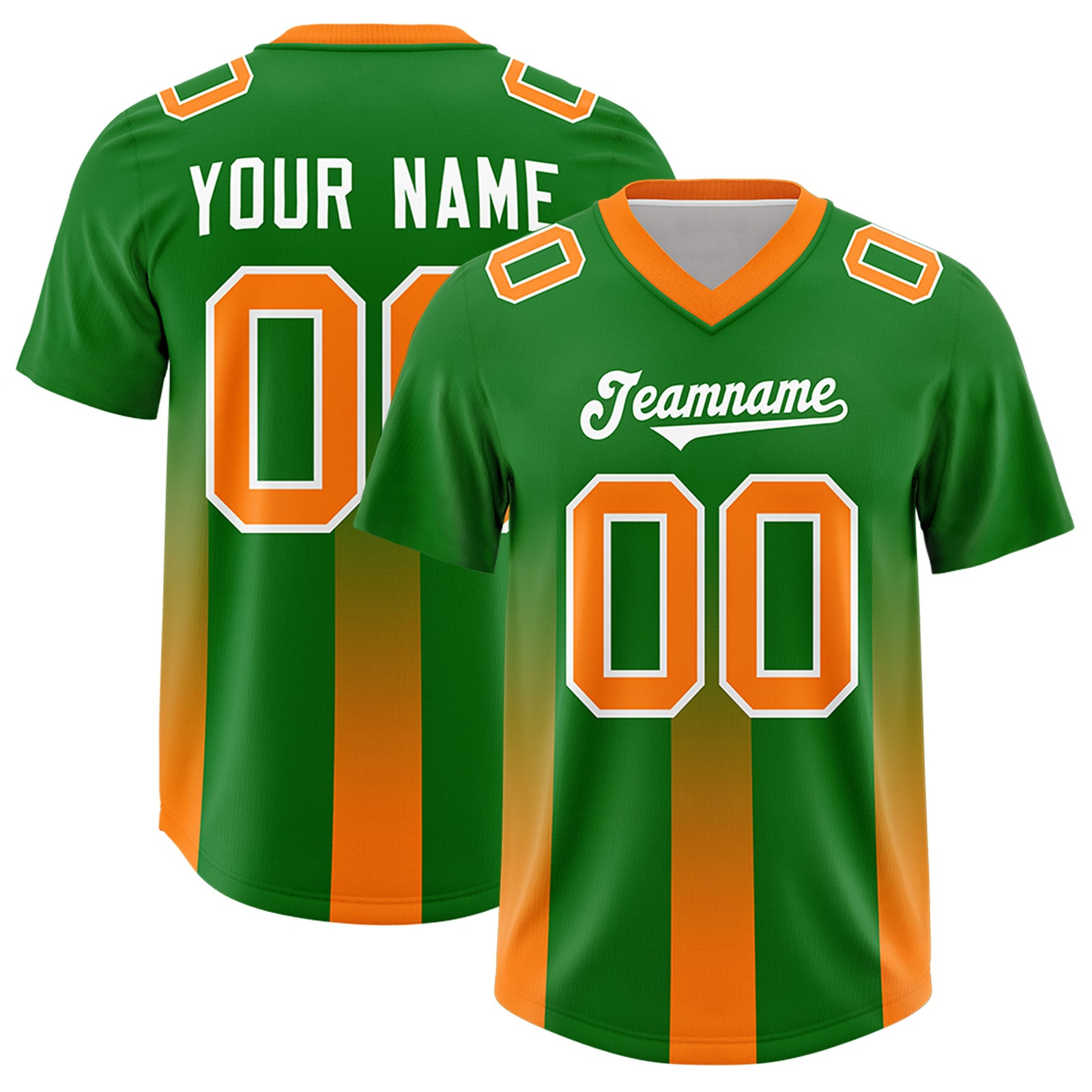 Custom Kelly Green Orange Vertical Width Stripe Gradient Fashion Personalized Team Football Jersey