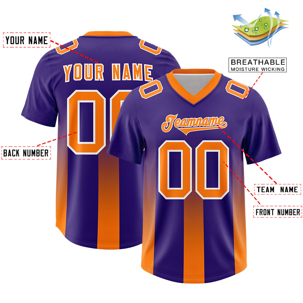 Custom Purple Orange Vertical Width Stripe Gradient Fashion Personalized Team Football Jersey