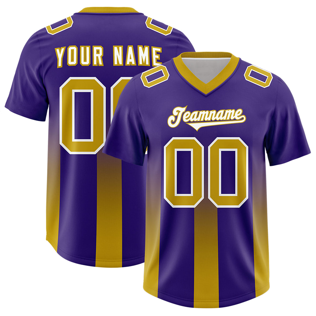 Custom Purple Old Gold Vertical Width Stripe Gradient Fashion Personalized Team Football Jersey