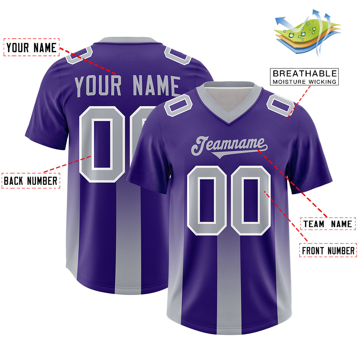 Custom Purple Gray Vertical Width Stripe Gradient Fashion Personalized Team Football Jersey