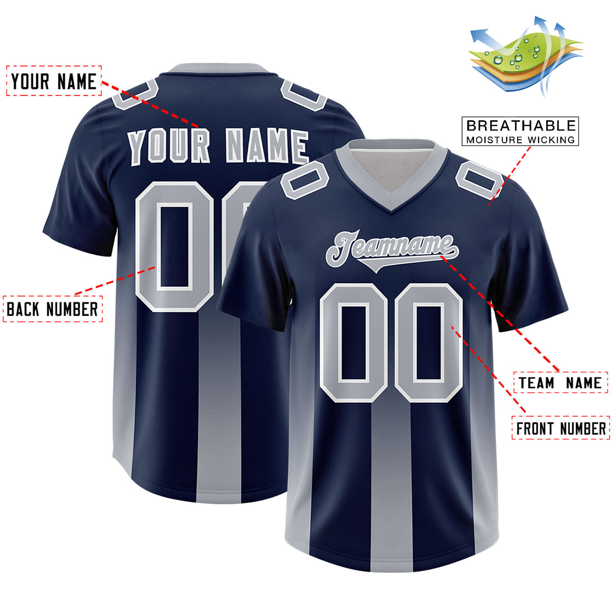 Custom Navy Gray Vertical Width Stripe Gradient Fashion Personalized Team Football Jersey