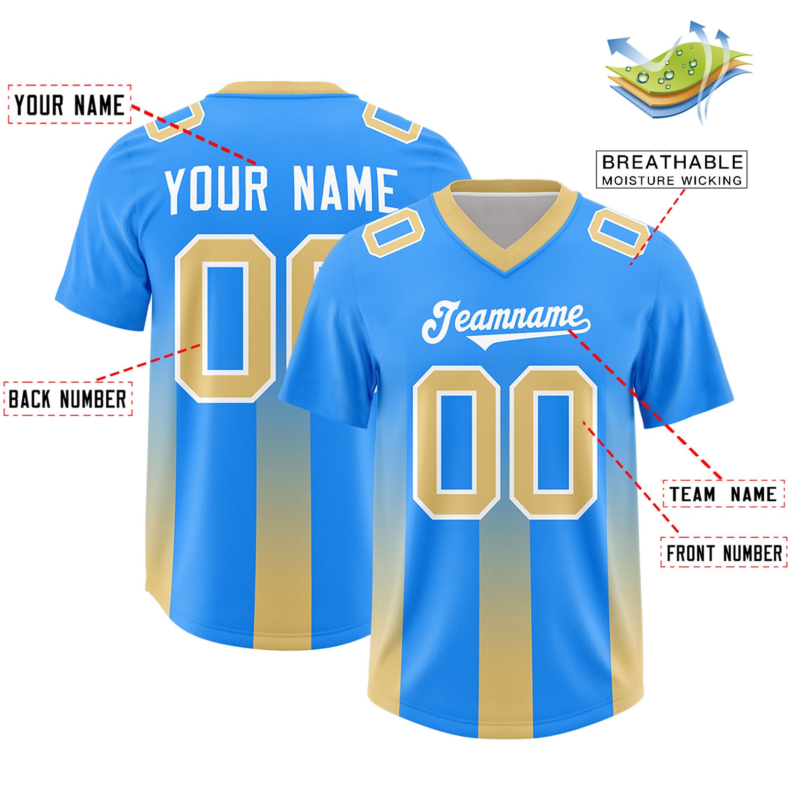 Custom Light Blue Khaki Vertical Width Stripe Gradient Fashion Personalized Team Football Jersey