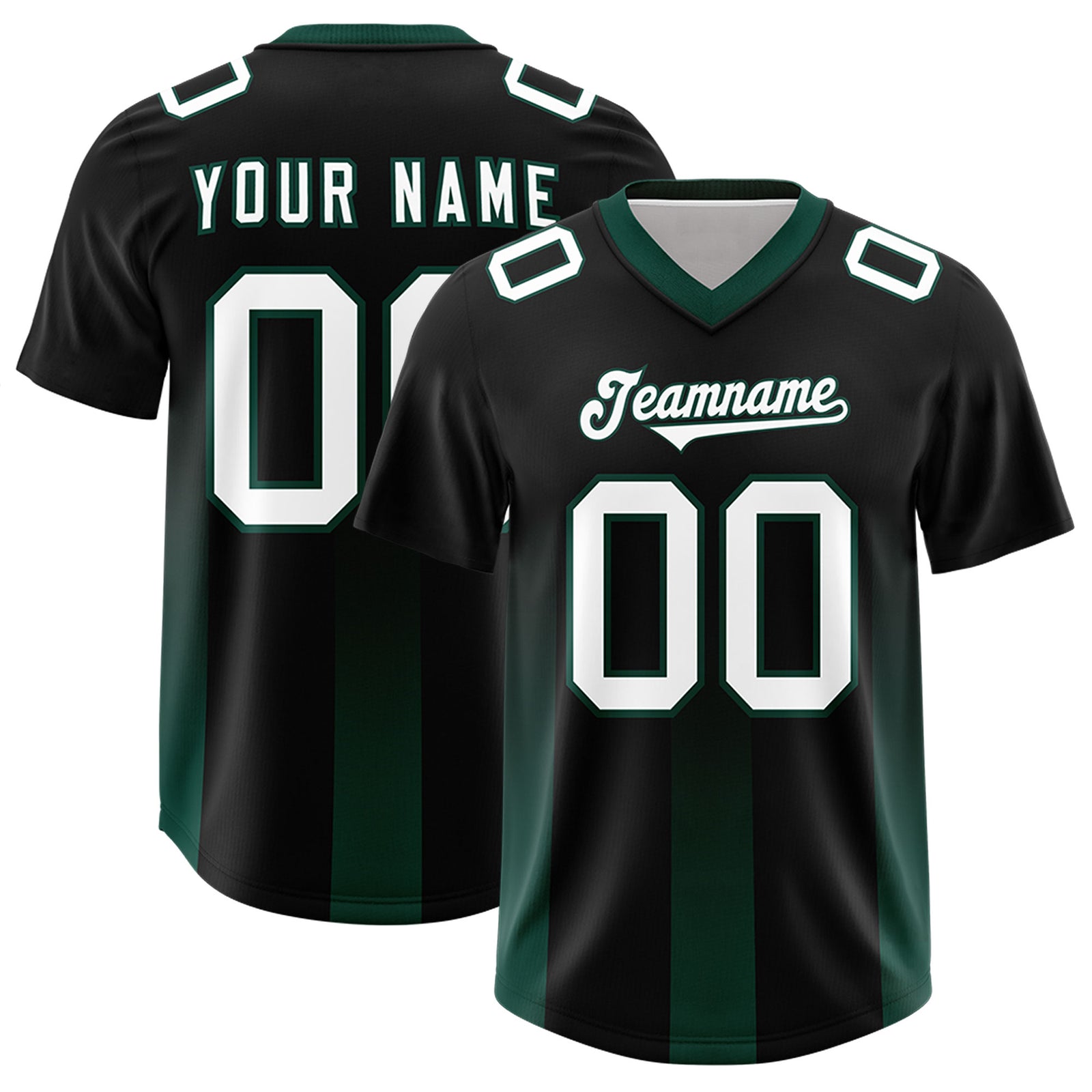 Custom Black Midnight Green Vertical Width Stripe Gradient Fashion Personalized Team Football Jersey