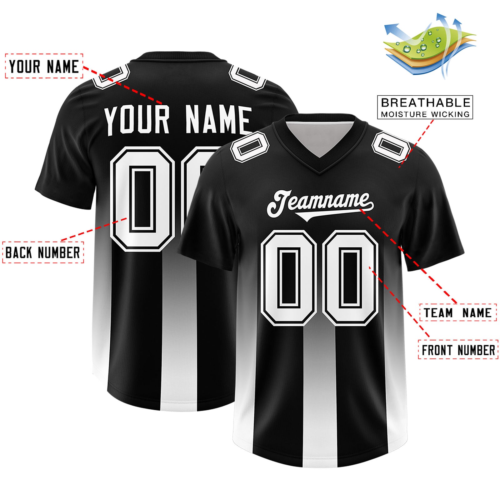 Custom Black White Vertical Width Stripe Gradient Fashion Personalized Team Football Jersey
