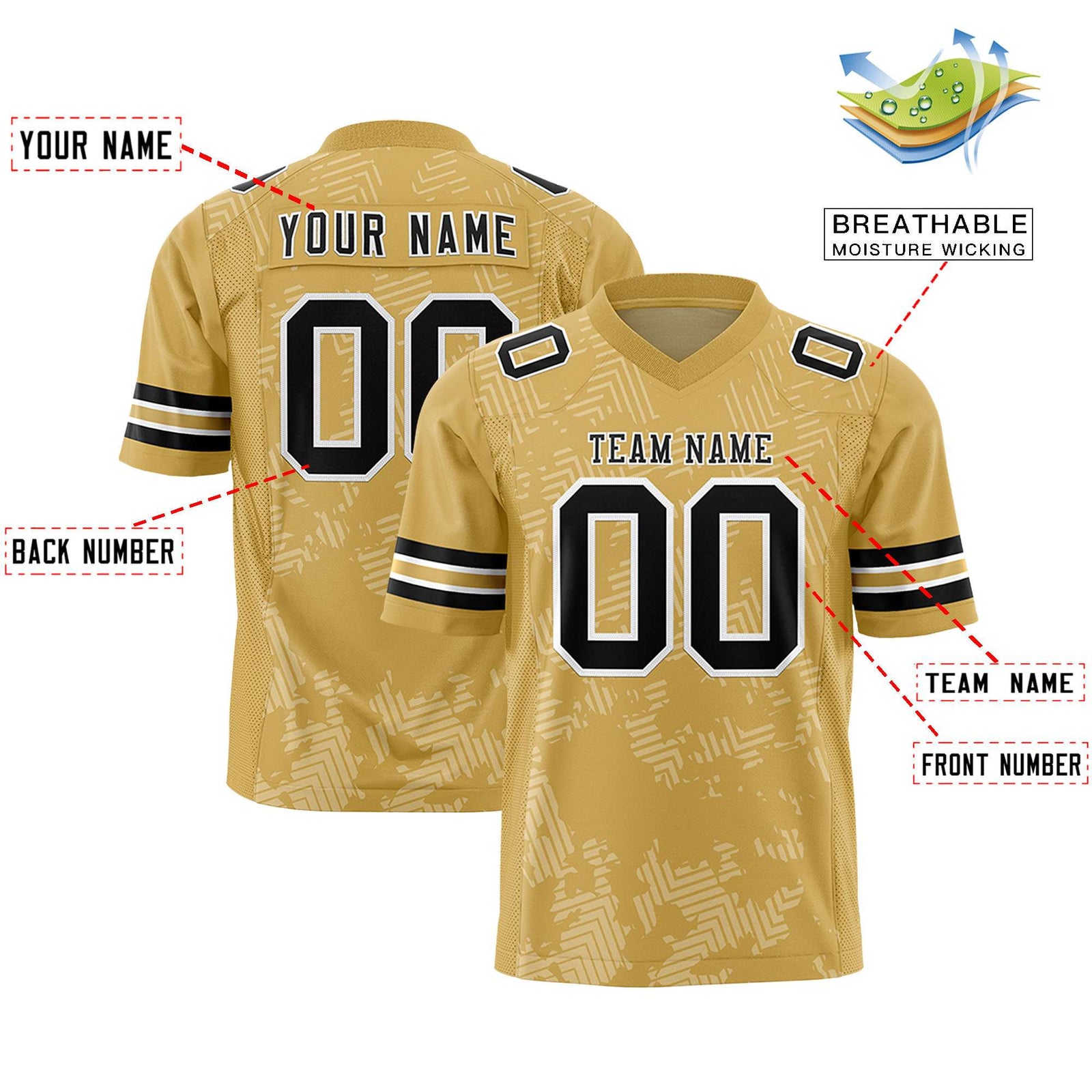 Custom Old Gold Black-White Personalized Graffiti Line Design Authentic Football Jersey