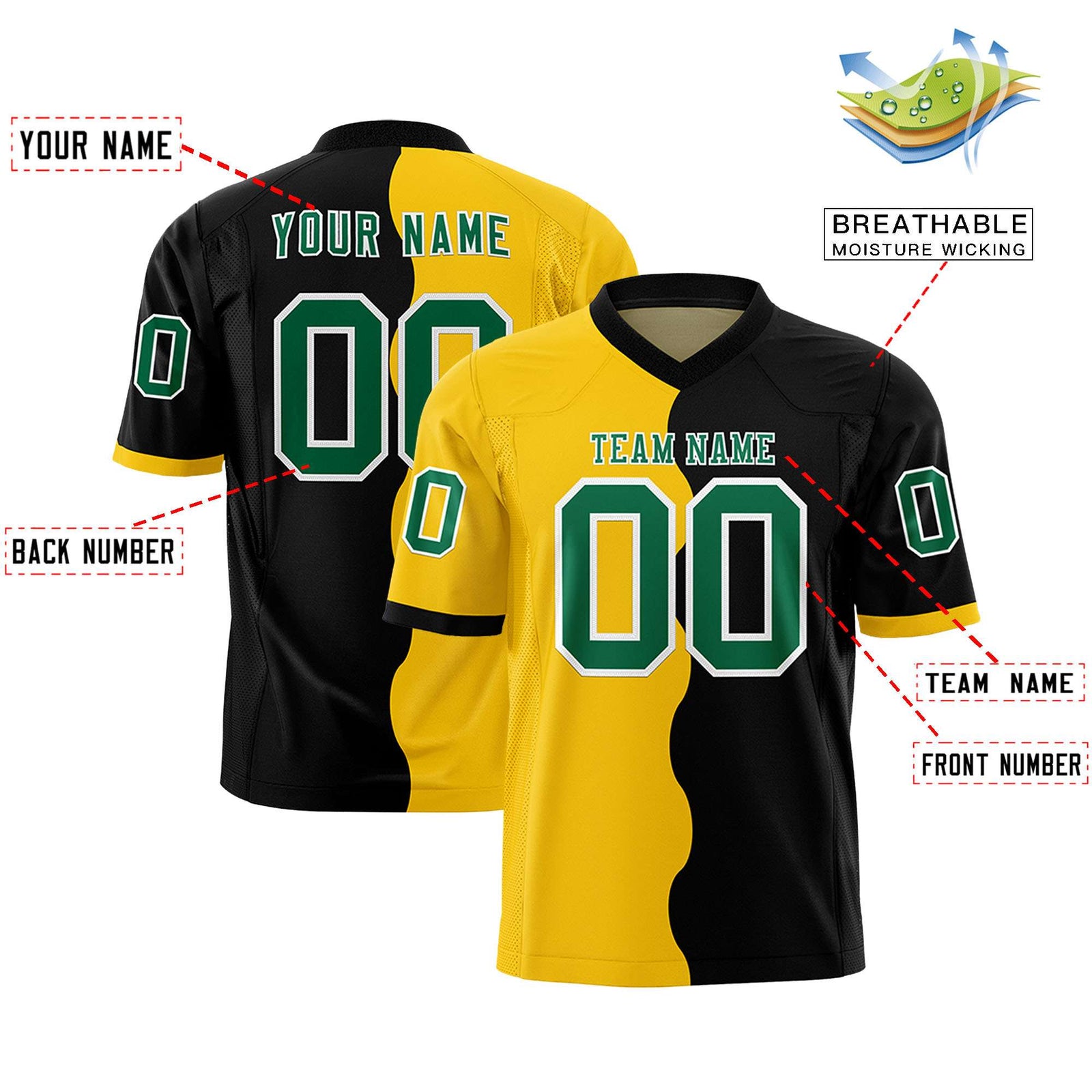 Custom Black Gold Split Fashion Mesh Authentic Football Jersey