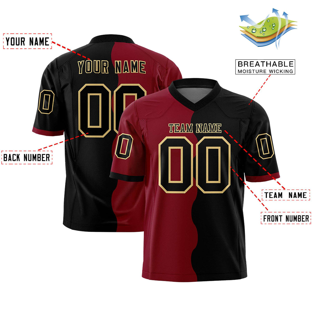 Custom Black Crimson Split Fashion Mesh Authentic Football Jersey