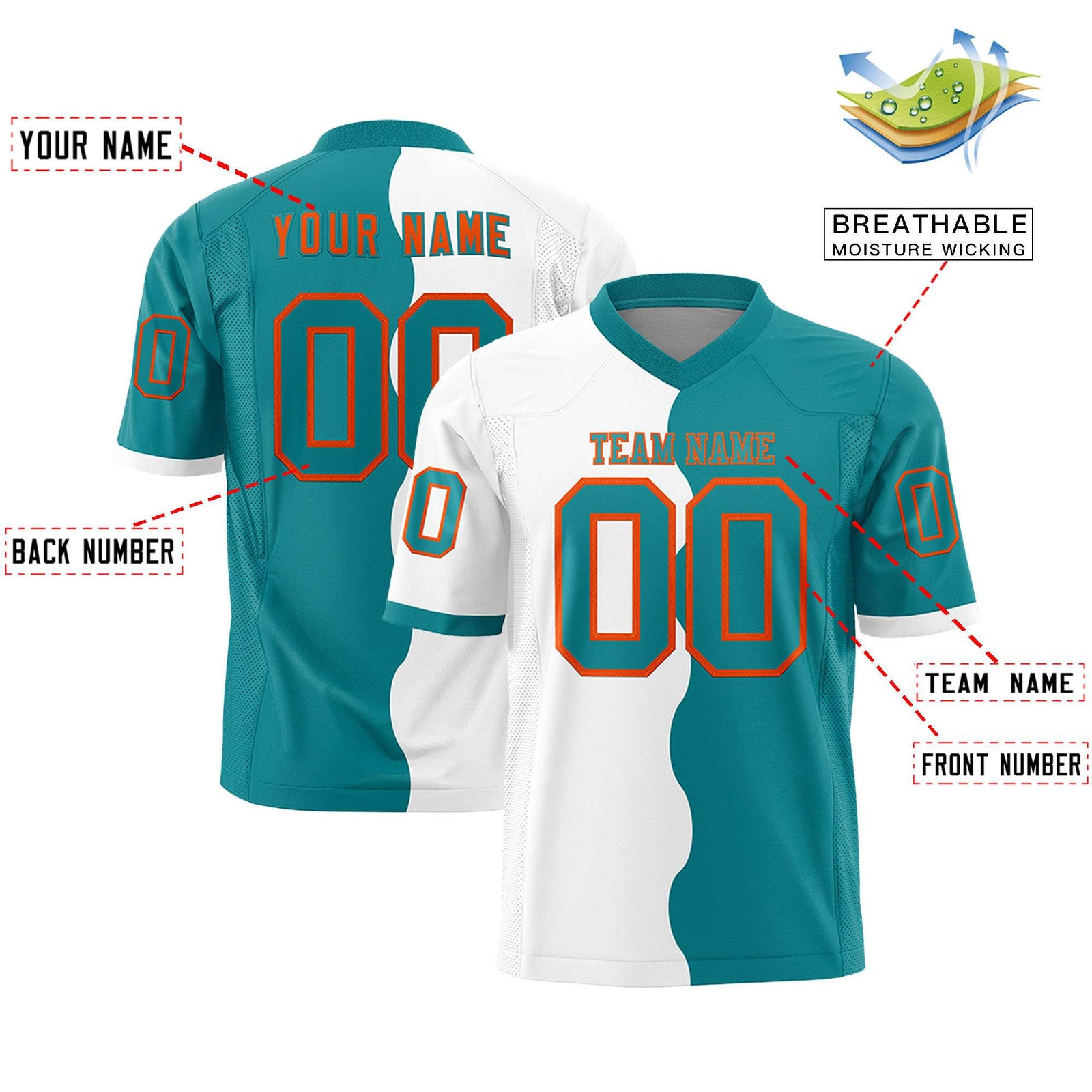 Custom Aqua White Split Fashion Mesh Authentic Football Jersey