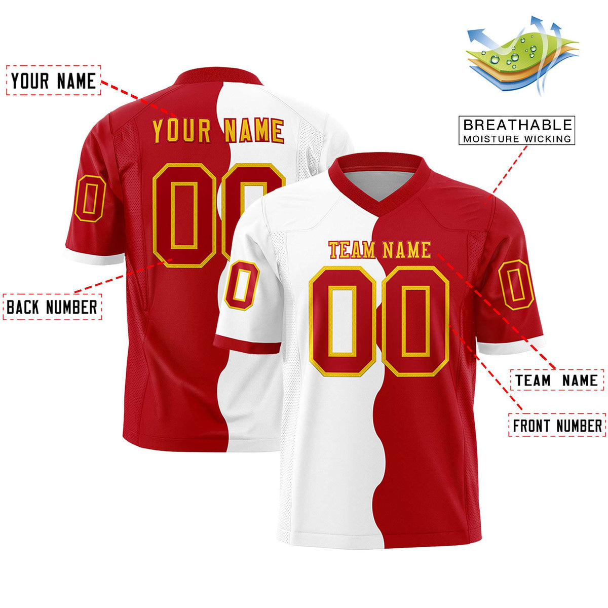 Custom Red White Split Fashion Mesh Authentic Football Jersey