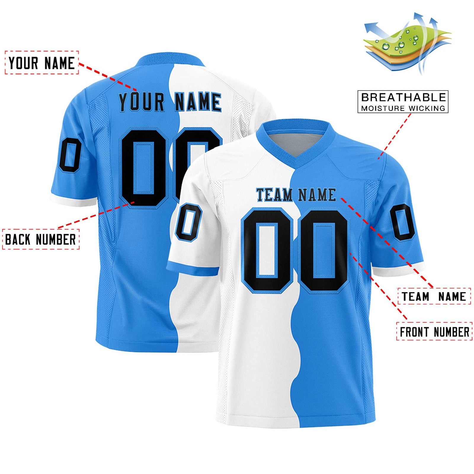Custom Powder Blue White Split Fashion Mesh Authentic Football Jersey