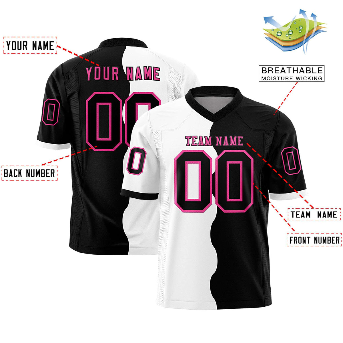 Custom Black White Split Fashion Mesh Authentic Football Jersey