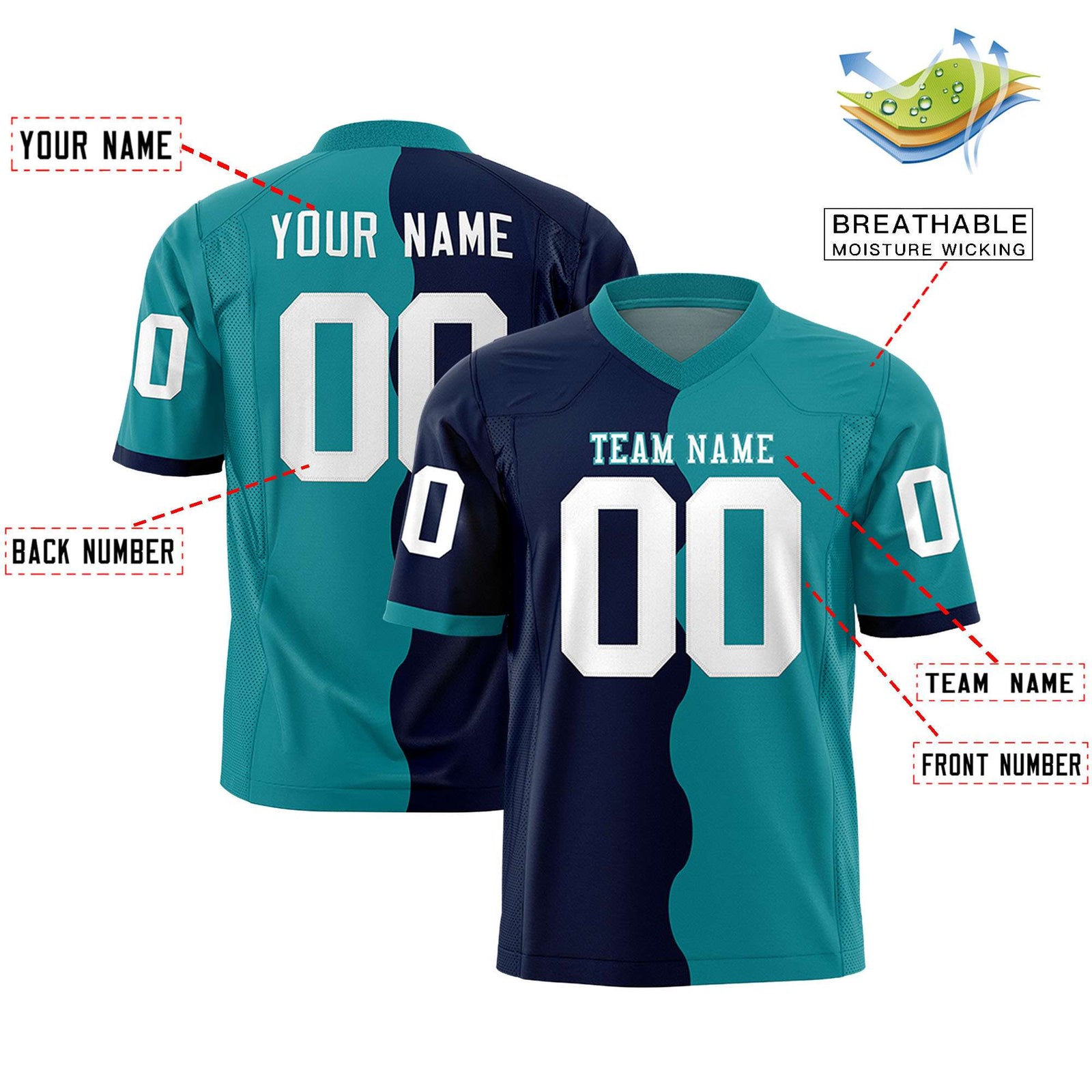 Custom Aqua Navy Split Fashion Mesh Authentic Football Jersey