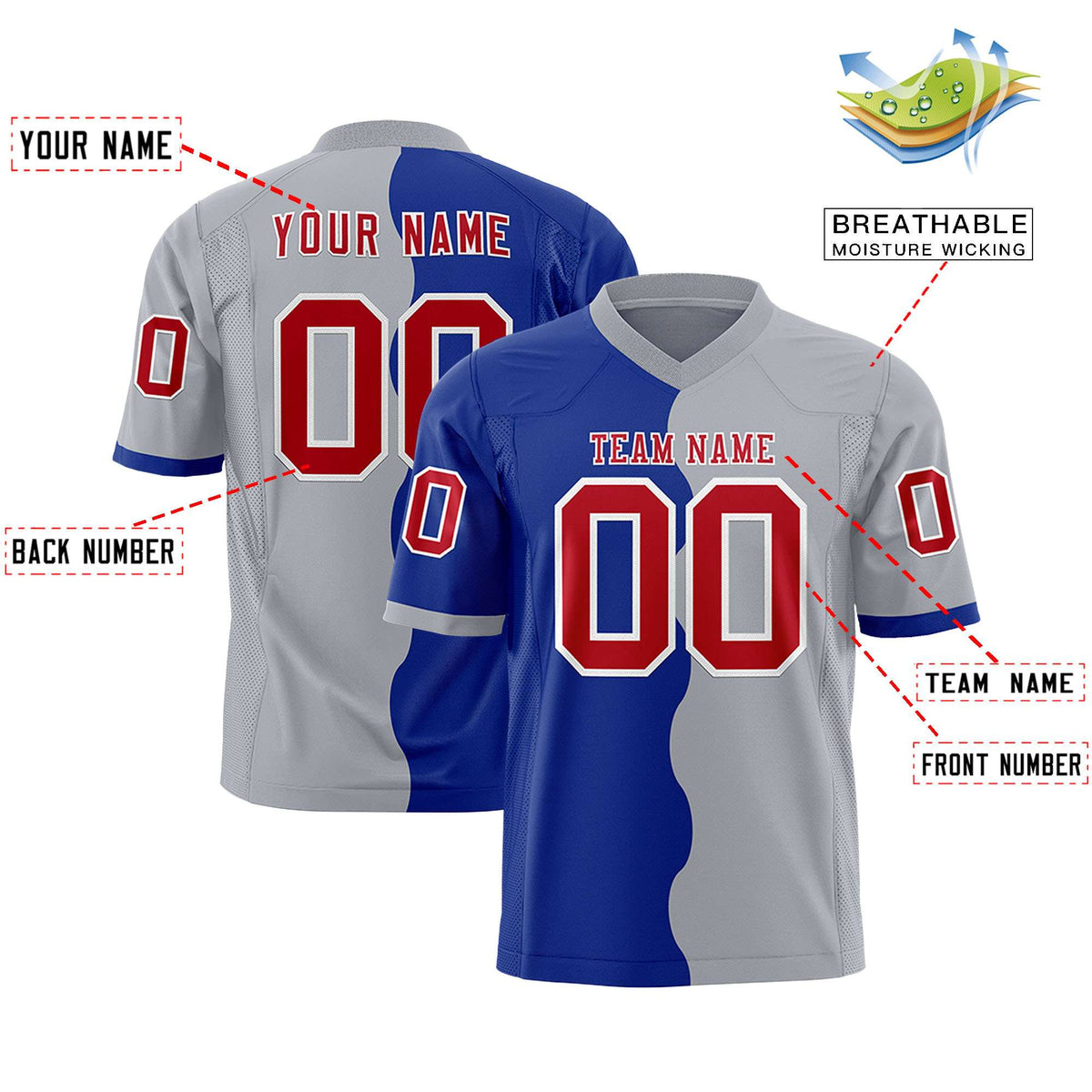 Custom Gray Royal Split Fashion Mesh Authentic Football Jersey