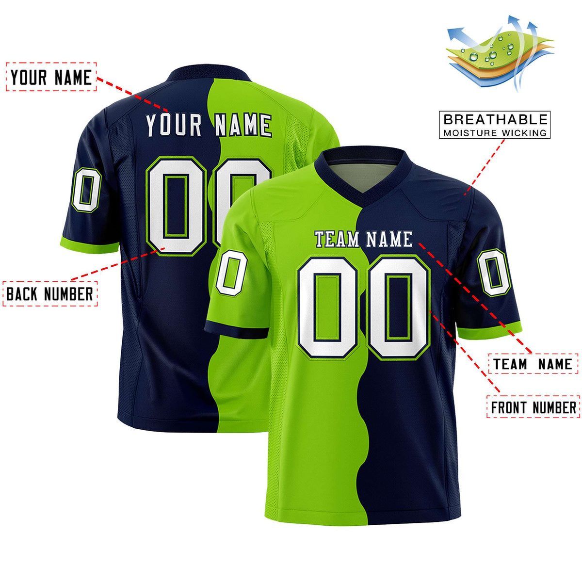 Custom Navy Neon Green Split Fashion Mesh Authentic Football Jersey