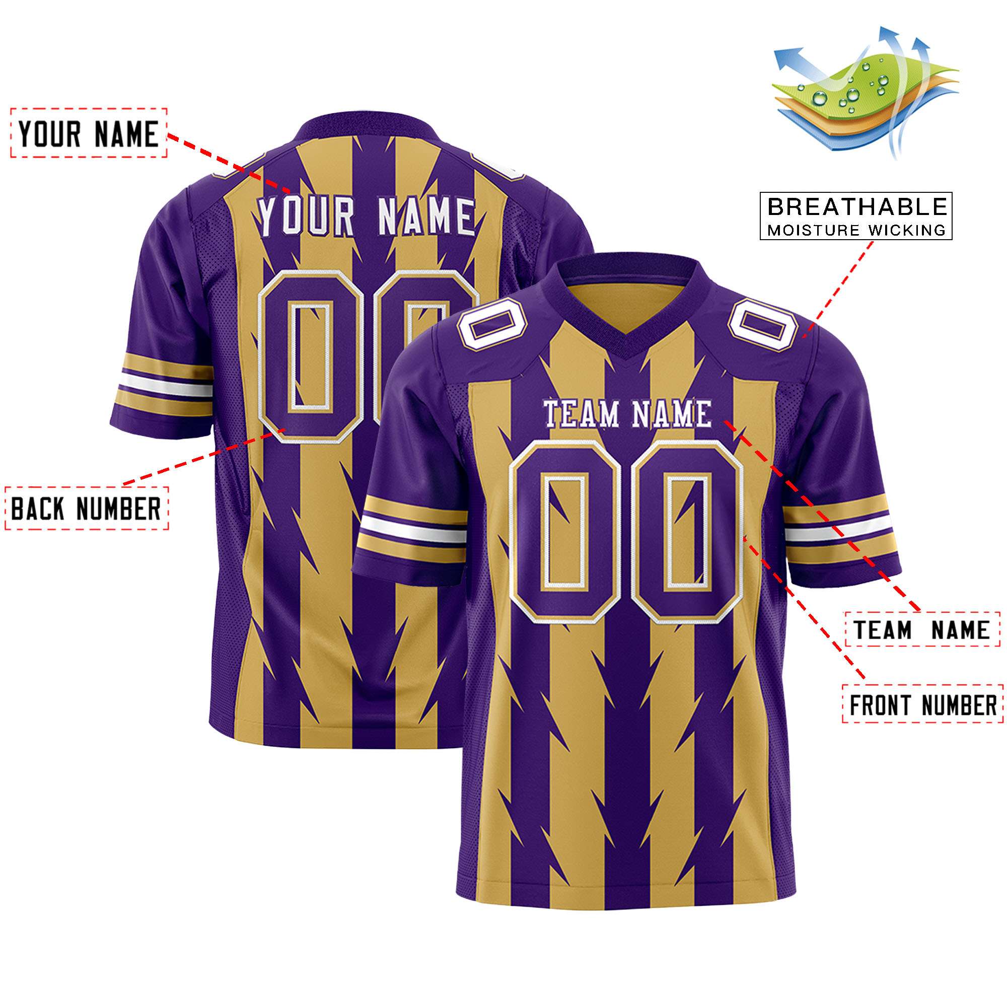 Custom Old Gold Purple Personalized Razr Stripe Graffiti Pattern Authentic Football Jersey
