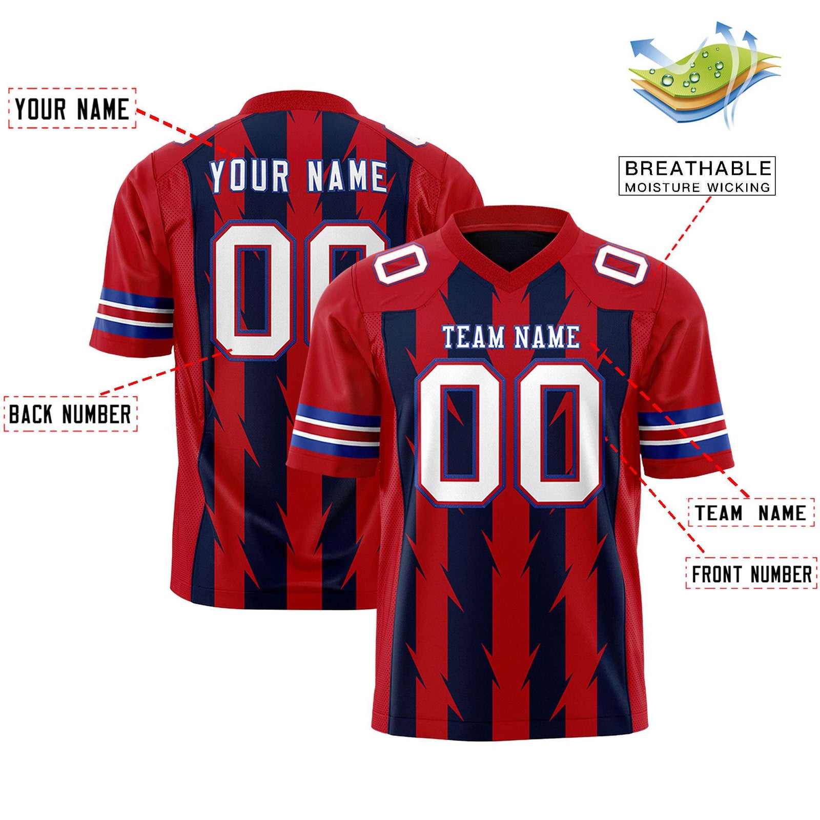 Custom Navy and Red Graffiti Pattern Practice Flag Football Jerseys For Youth & Mens| KXKSHOP