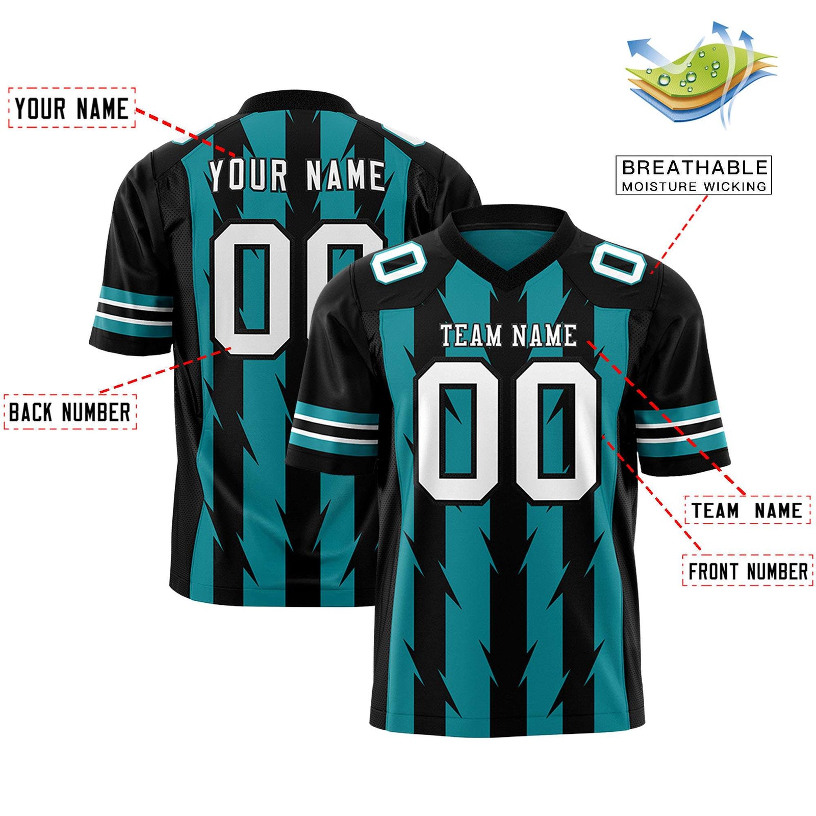 Custom Aqua and Black Graffiti Pattern Practice Flag Football Jerseys For Youth & Mens| KXKSHOP