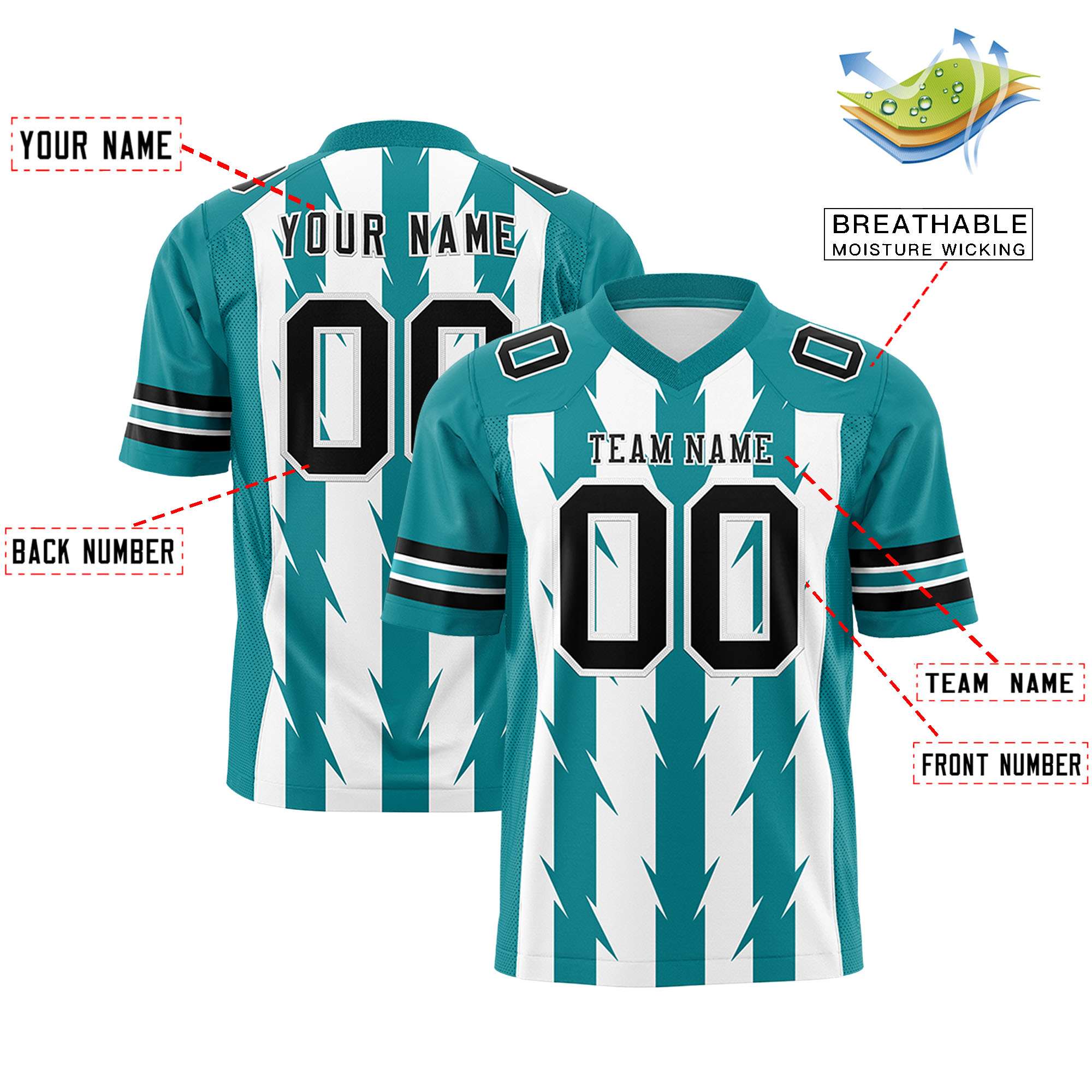Custom White Aqua Personalized Razr Stripe Graffiti Pattern Authentic Football Jersey