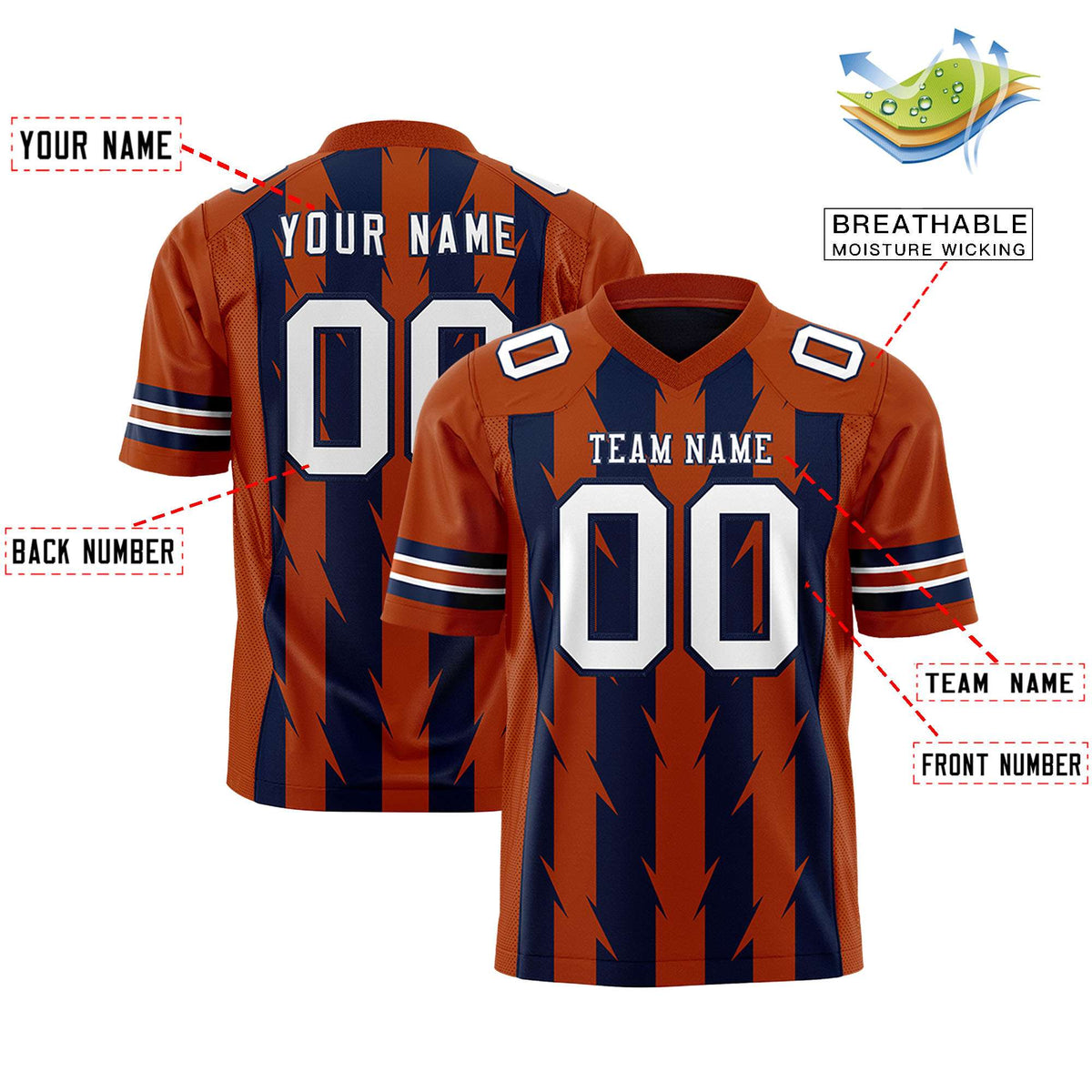 Custom Navy and Texas Orange Graffiti Pattern Practice Flag Football Jerseys For Youth &amp; Mens| KXKSHOP
