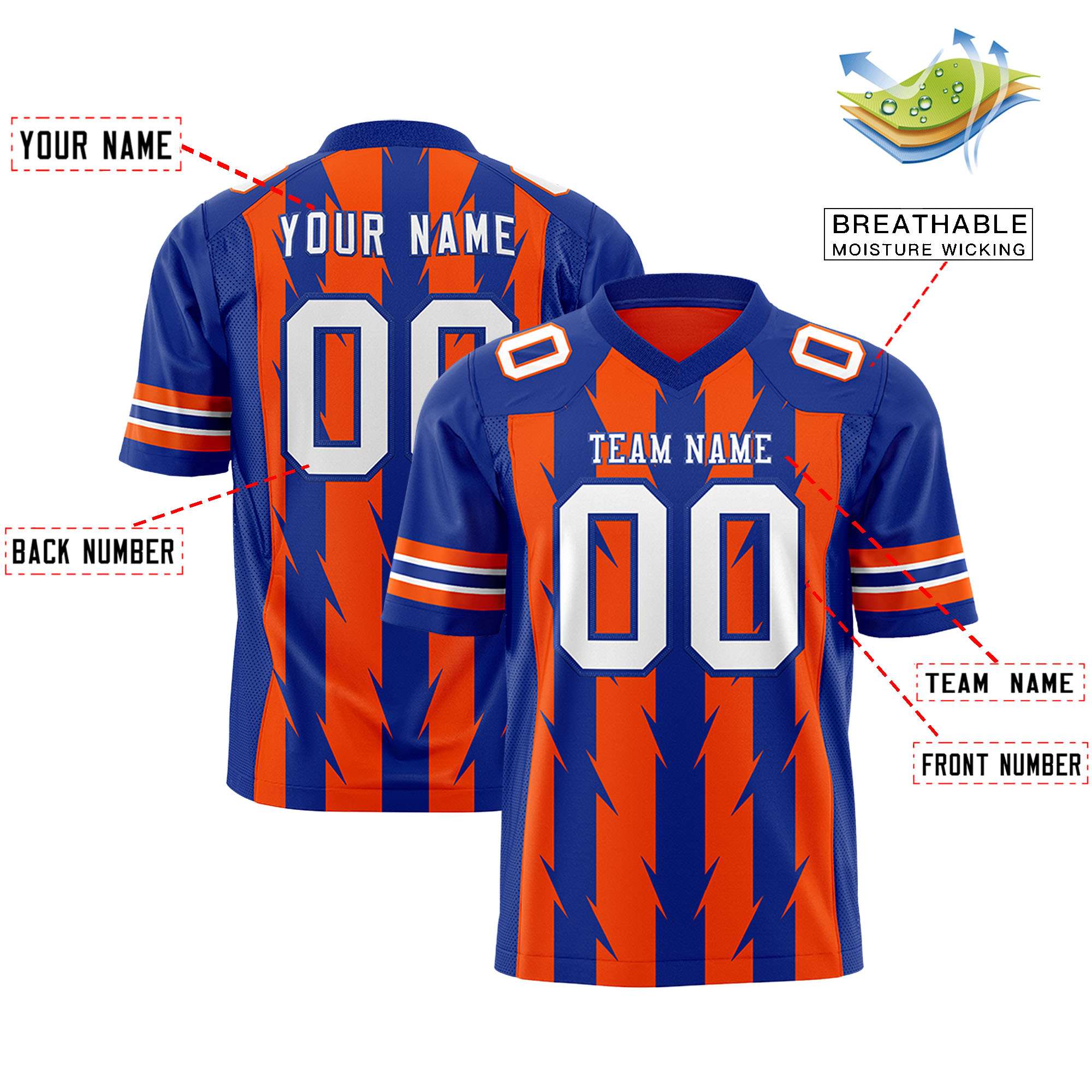 Custom Orange Royal Personalized Razr Stripe Graffiti Pattern Authentic Football Jersey