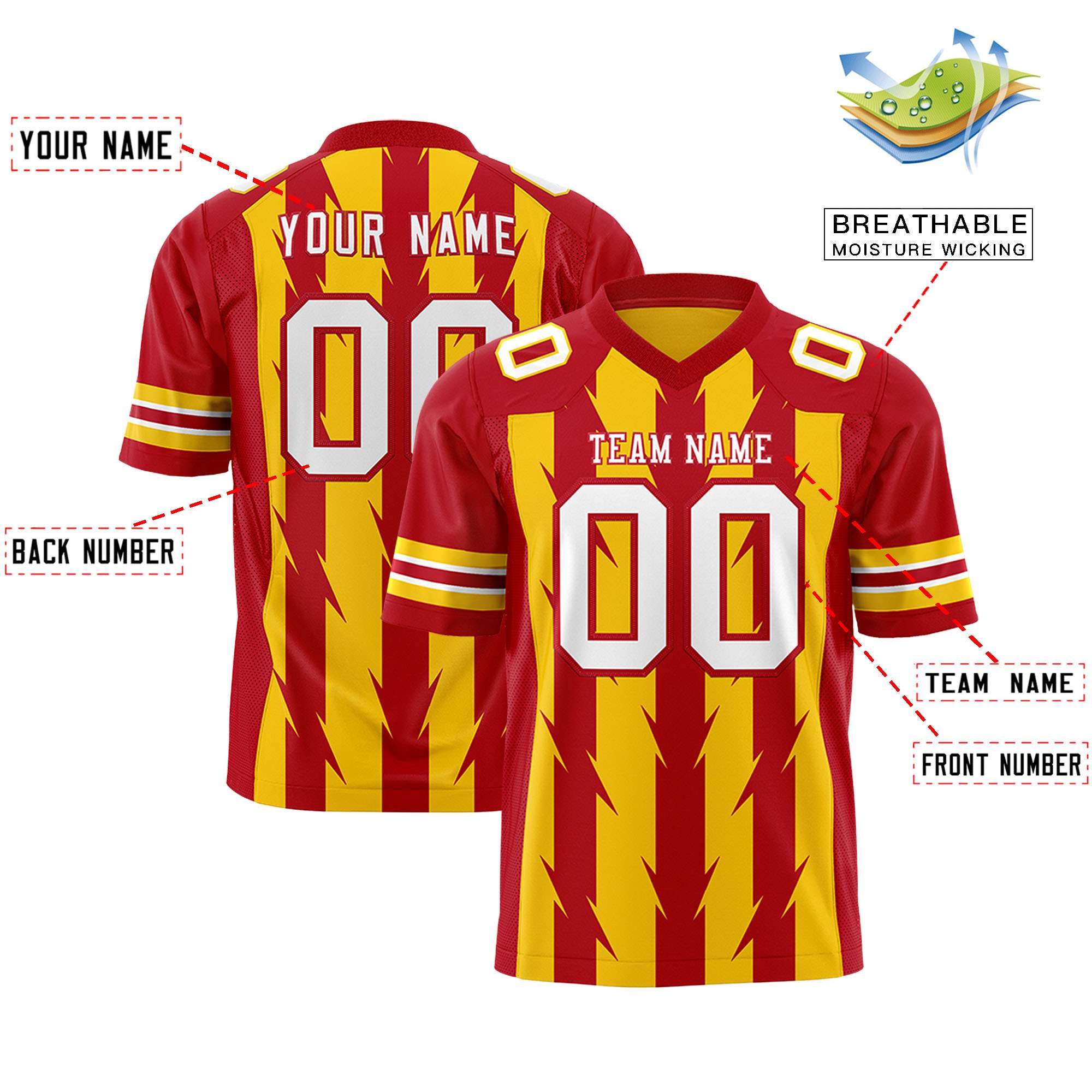 Custom Gold and Red Graffiti Pattern Practice Flag Football Jerseys For Youth & Mens| KXKSHOP