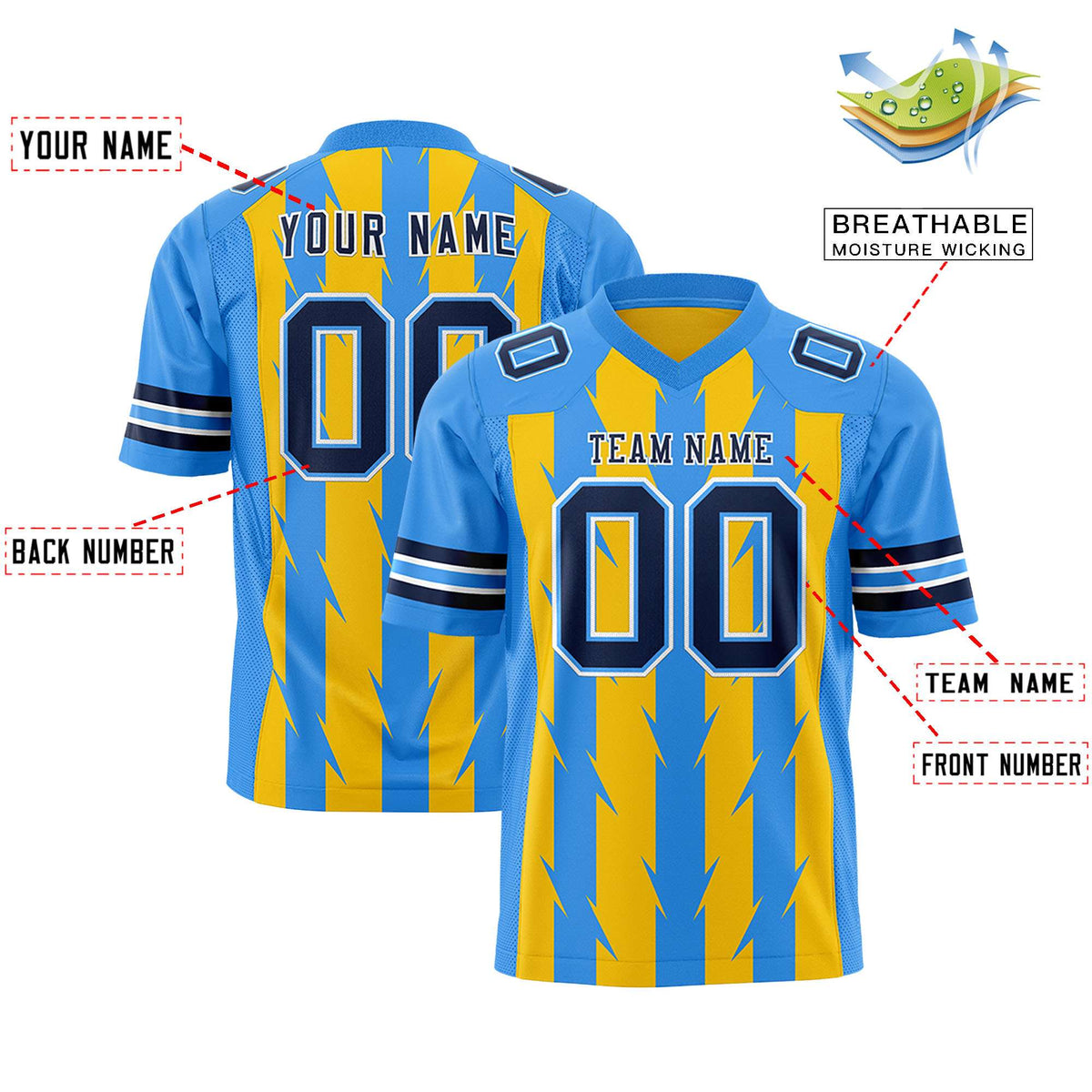Custom Gold and Powder Blue Graffiti Pattern Practice Flag Football Jerseys For Youth &amp; Mens| KXKSHOP