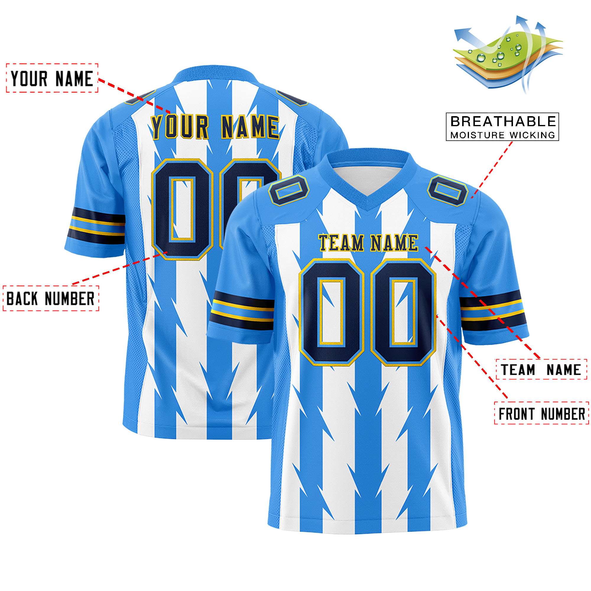 Custom White Powder Blue Personalized Razr Stripe Graffiti Pattern Authentic Football Jersey