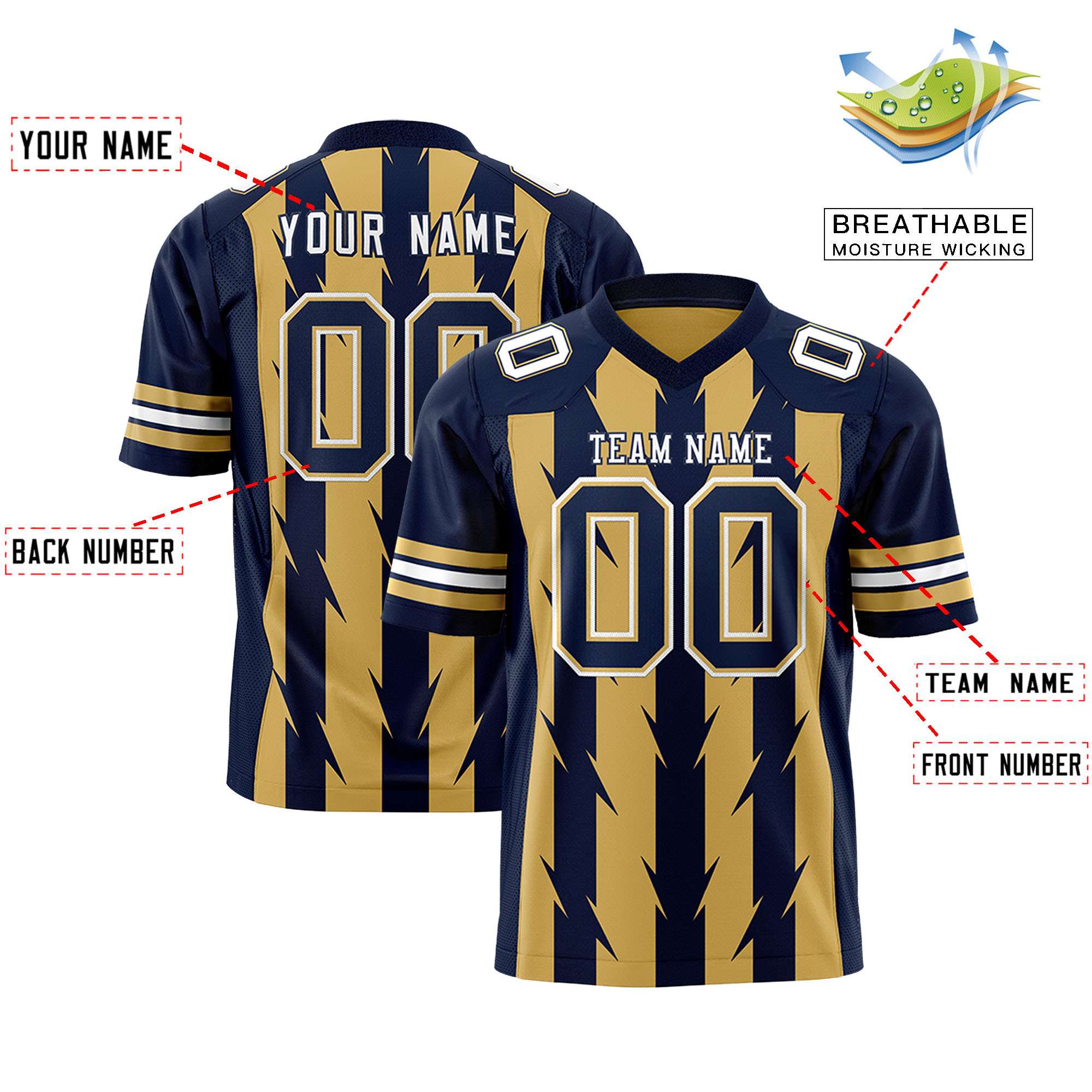 Custom Old Gold Navy Personalized Razr Stripe Graffiti Pattern Authentic Football Jersey