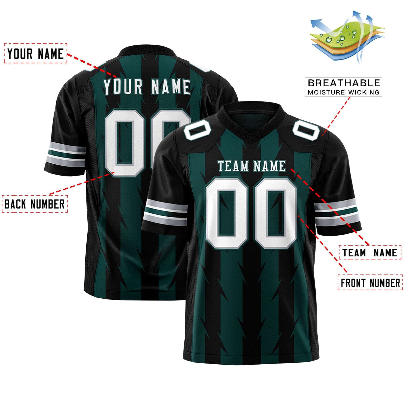 Custom Midnight Green and Black Graffiti Pattern Practice Flag Football Jerseys For Youth & Mens| KXKSHOP