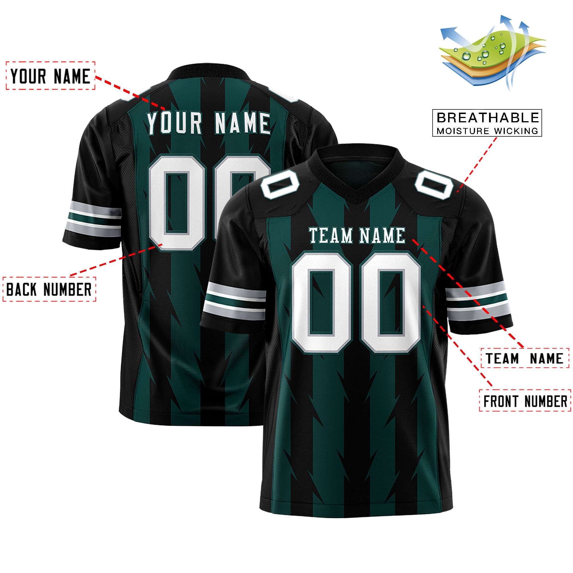 Custom Midnight Green Black Personalized Razr Stripe Graffiti Pattern Authentic Football Jersey